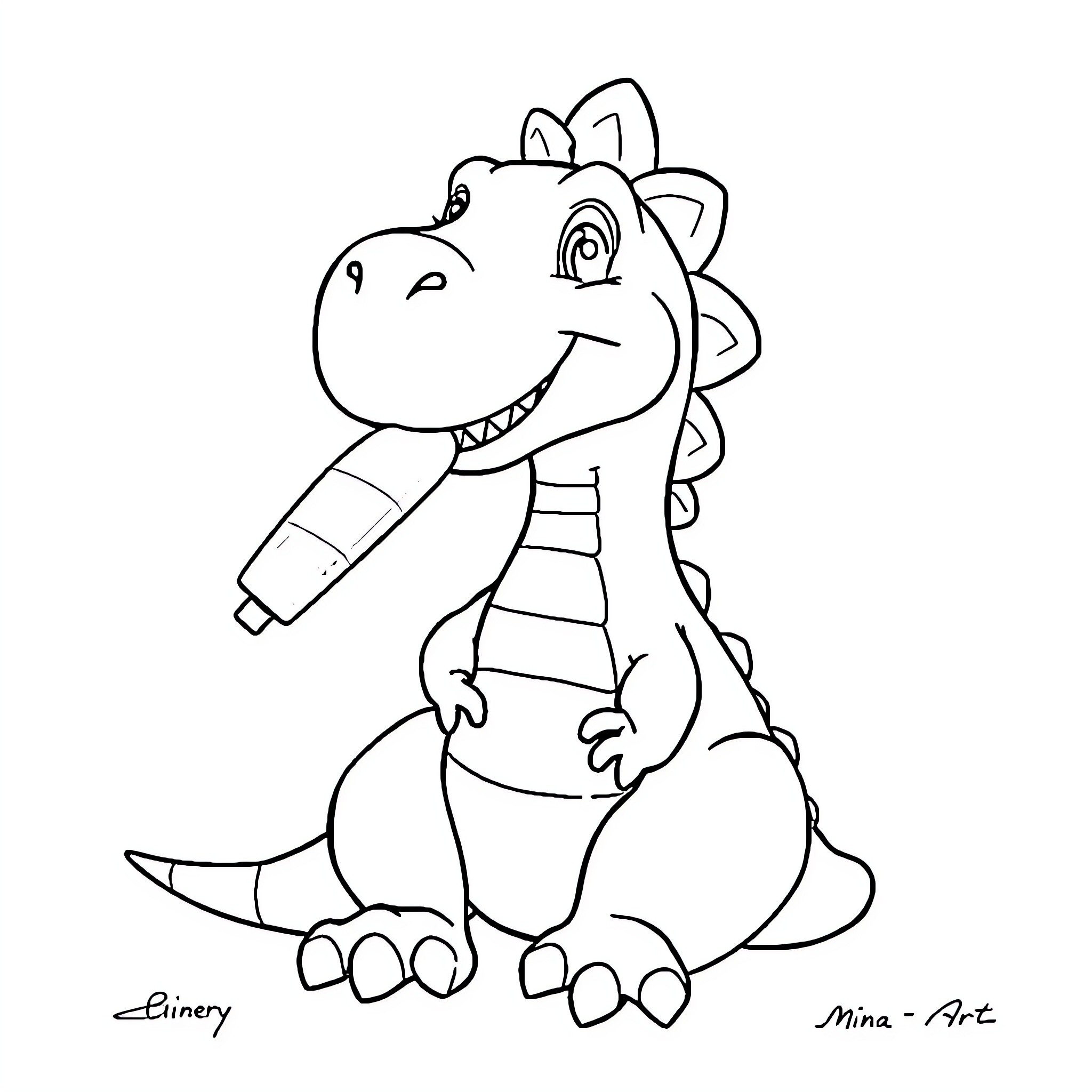 Dinosaur happily drawing with a pencil Coloring Page (free black-and-white line drawing printable PDF for all, from beginners to advanced learners, including children, teens, adults, and seniors)