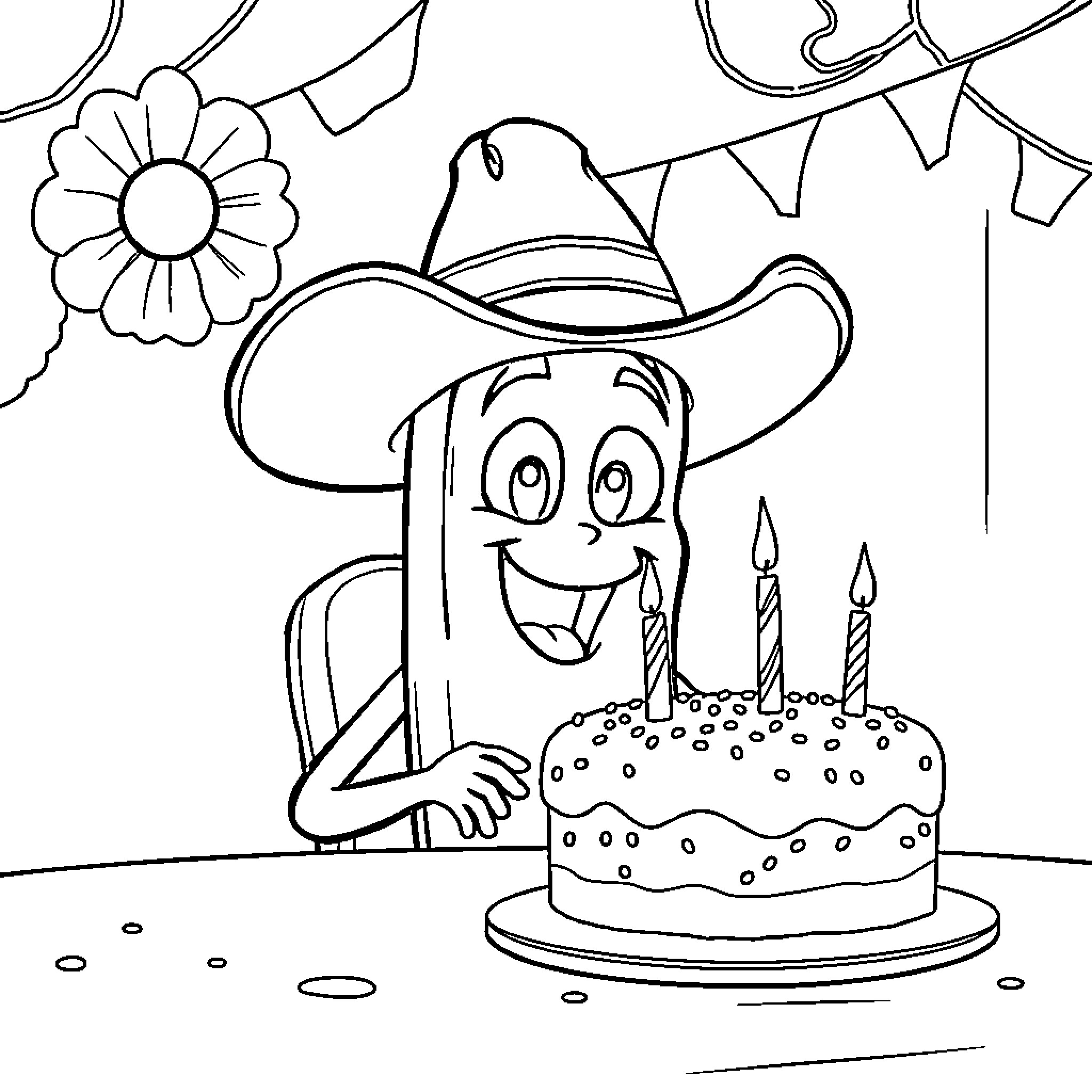 Pickle Celebrates Birthday with Cake and Festive Decor Coloring Page (free black-and-white line drawing printable PDF for all, from beginners to advanced learners, including children, teens, adults, and seniors)
