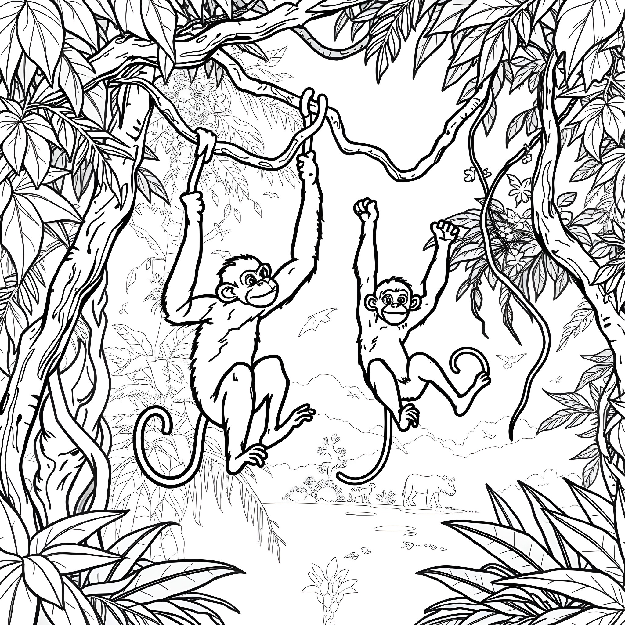 Monkeys playing joyfully in the lush jungle Coloring Page (free black-and-white line drawing printable PDF for all, from beginners to advanced learners, including children, teens, adults, and seniors)