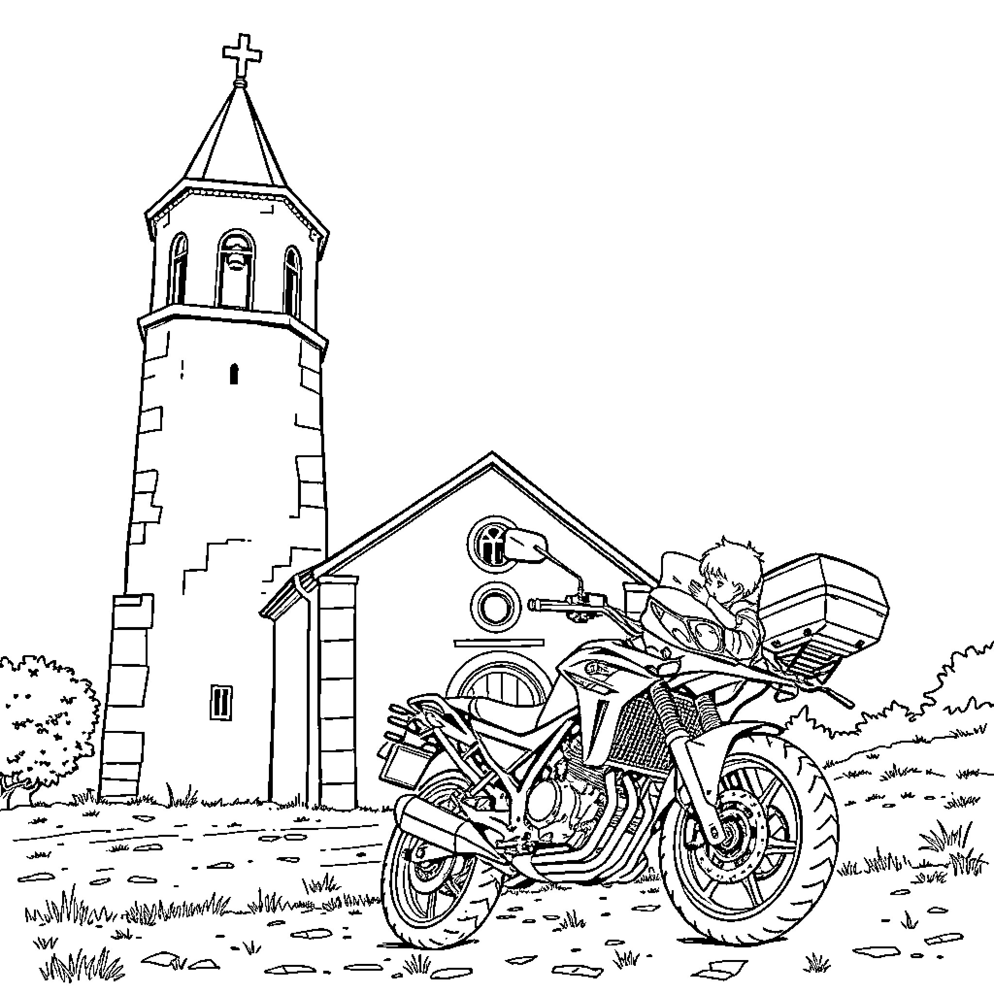 Church Biker Admiring Scenic Landscape Coloring Page (free black-and-white line drawing printable PDF for all, from beginners to advanced learners, including children, teens, adults, and seniors)