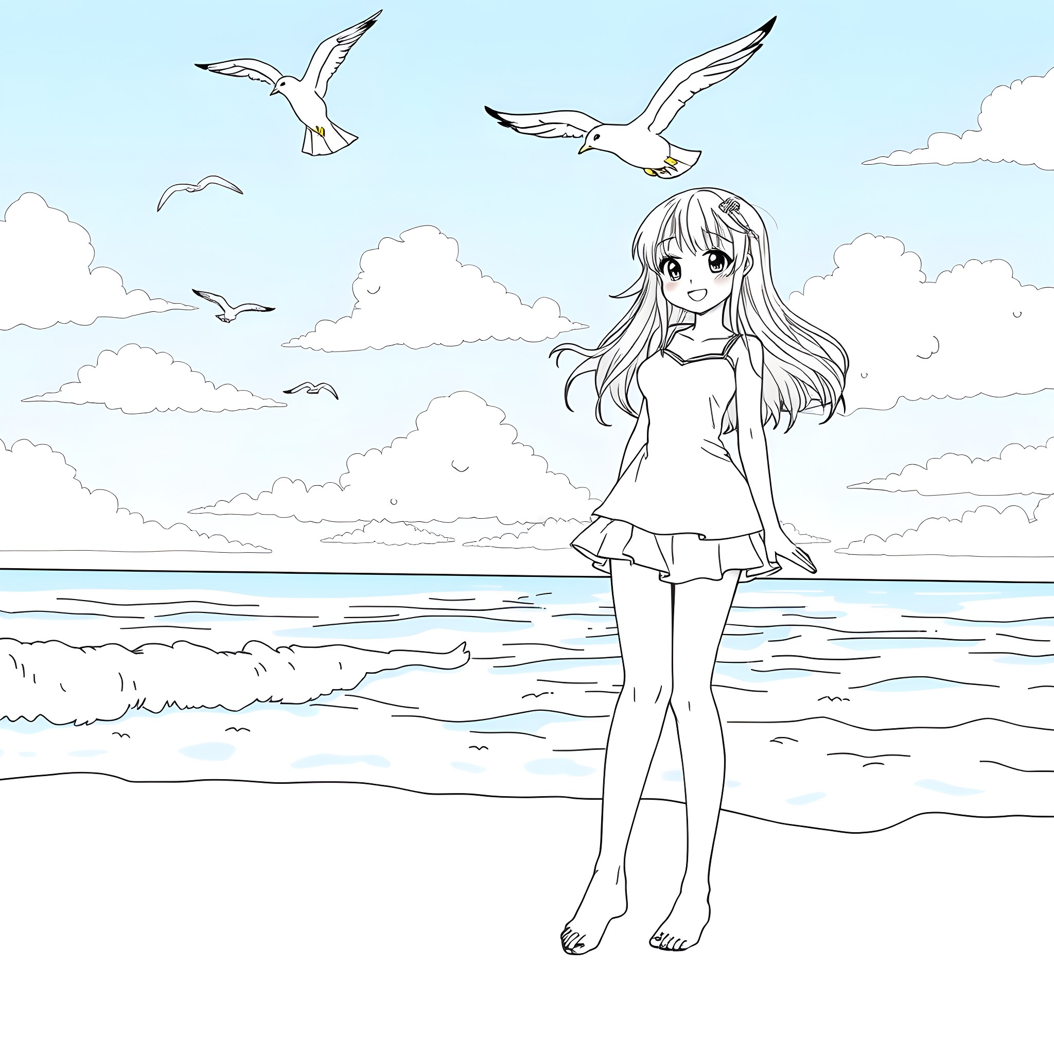 Anime Girl Enjoying the Seaside View Coloring Page (free black-and-white line drawing printable PDF for all, from beginners to advanced learners, including children, teens, adults, and seniors)