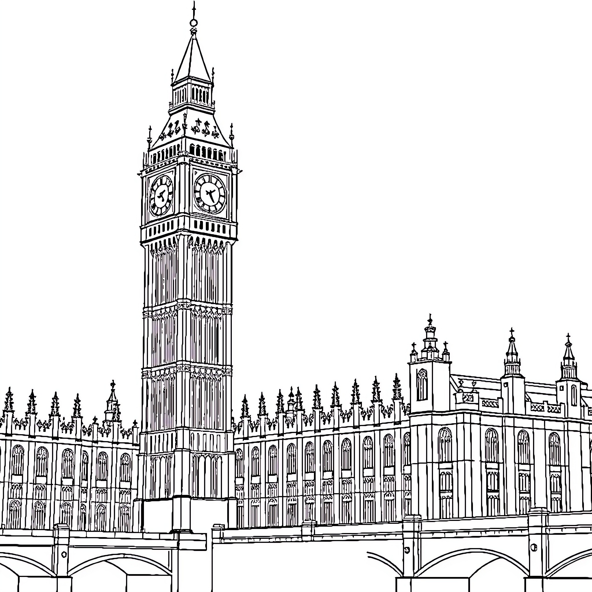 Big Ben and the Palace of Westminster Coloring Page (free black-and-white line drawing printable PDF for all, from beginners to advanced learners, including children, teens, adults, and seniors)