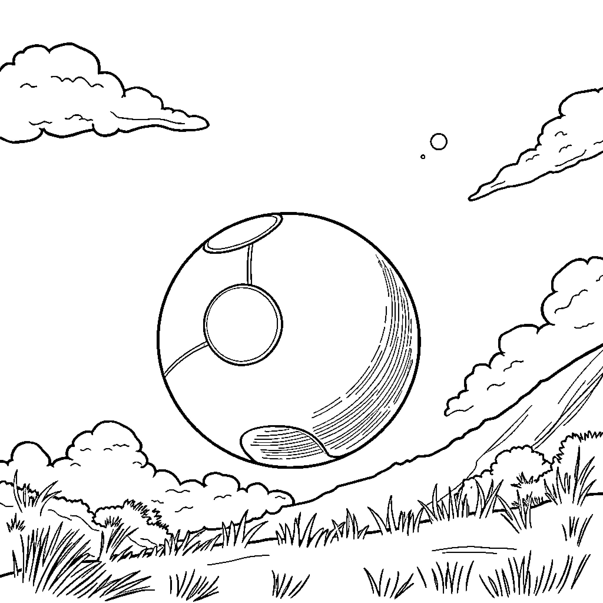 Ball floating in surreal landscape Coloring Page (free black-and-white line drawing printable PDF for all, from beginners to advanced learners, including children, teens, adults, and seniors)