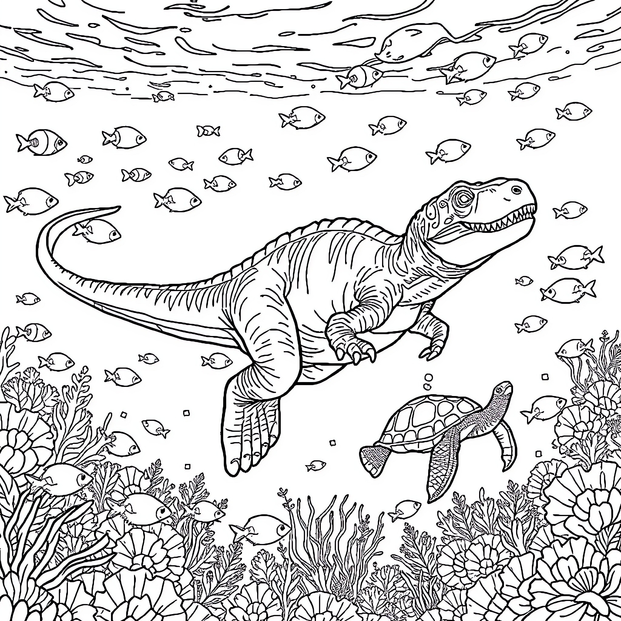Dinosaur swimming with sea creatures in the ocean Coloring Page (free black-and-white line drawing printable PDF for all, from beginners to advanced learners, including children, teens, adults, and seniors)