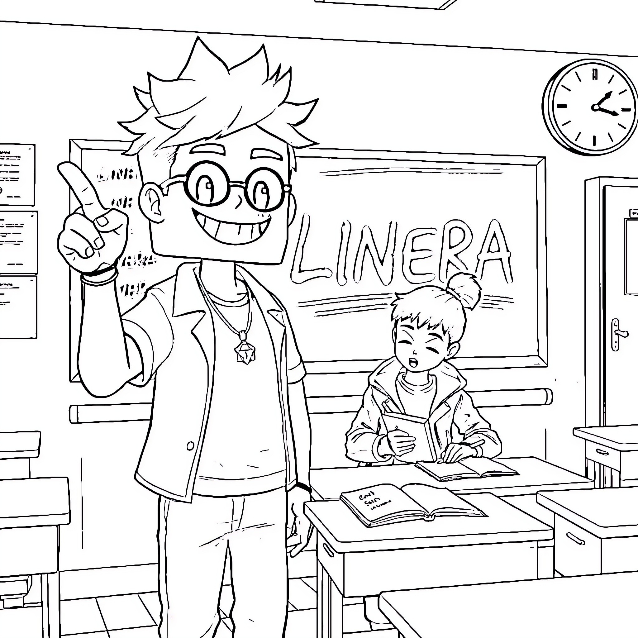 Classroom with Lively Teacher and Attentive Student Coloring Page (free black-and-white line drawing printable PDF for all, from beginners to advanced learners, including children, teens, adults, and seniors)