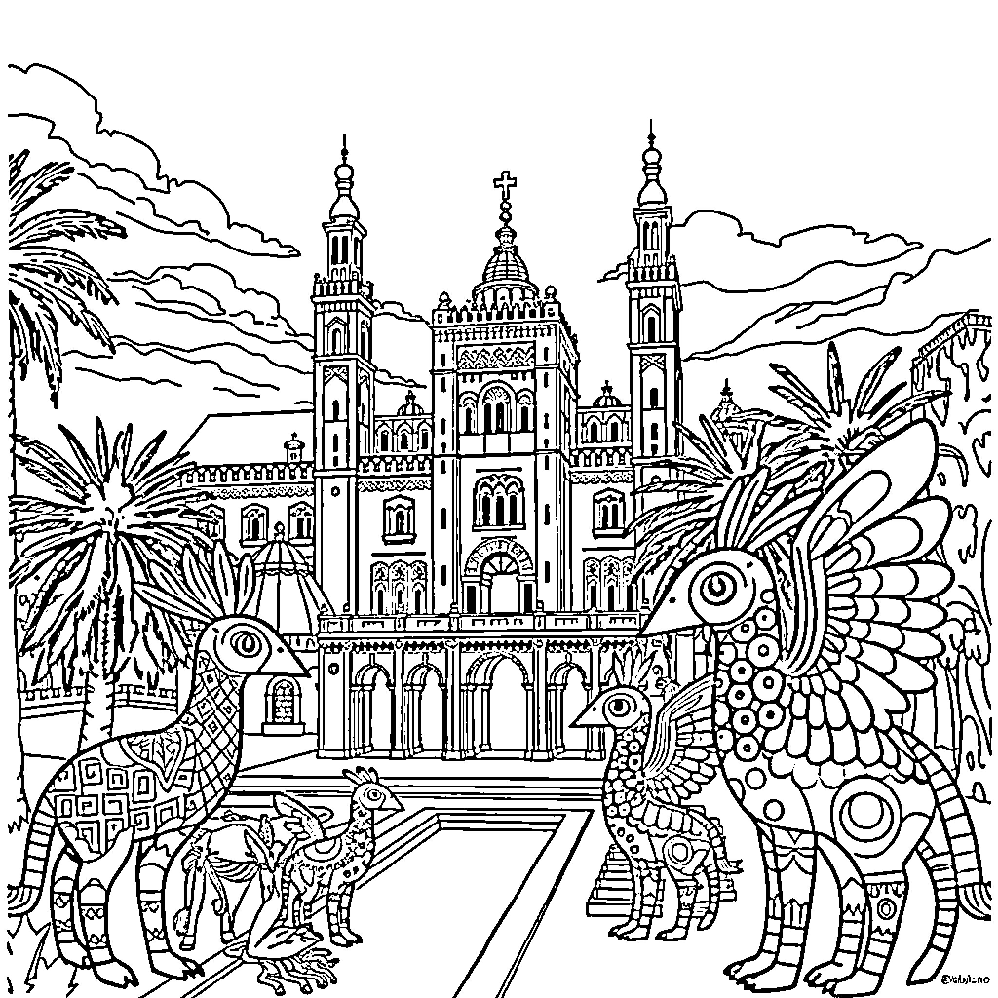 Alebrije Creatures Exploring Fantastical Architectural Landscape Coloring Page (free black-and-white line drawing printable PDF for all, from beginners to advanced learners, including children, teens, adults, and seniors)