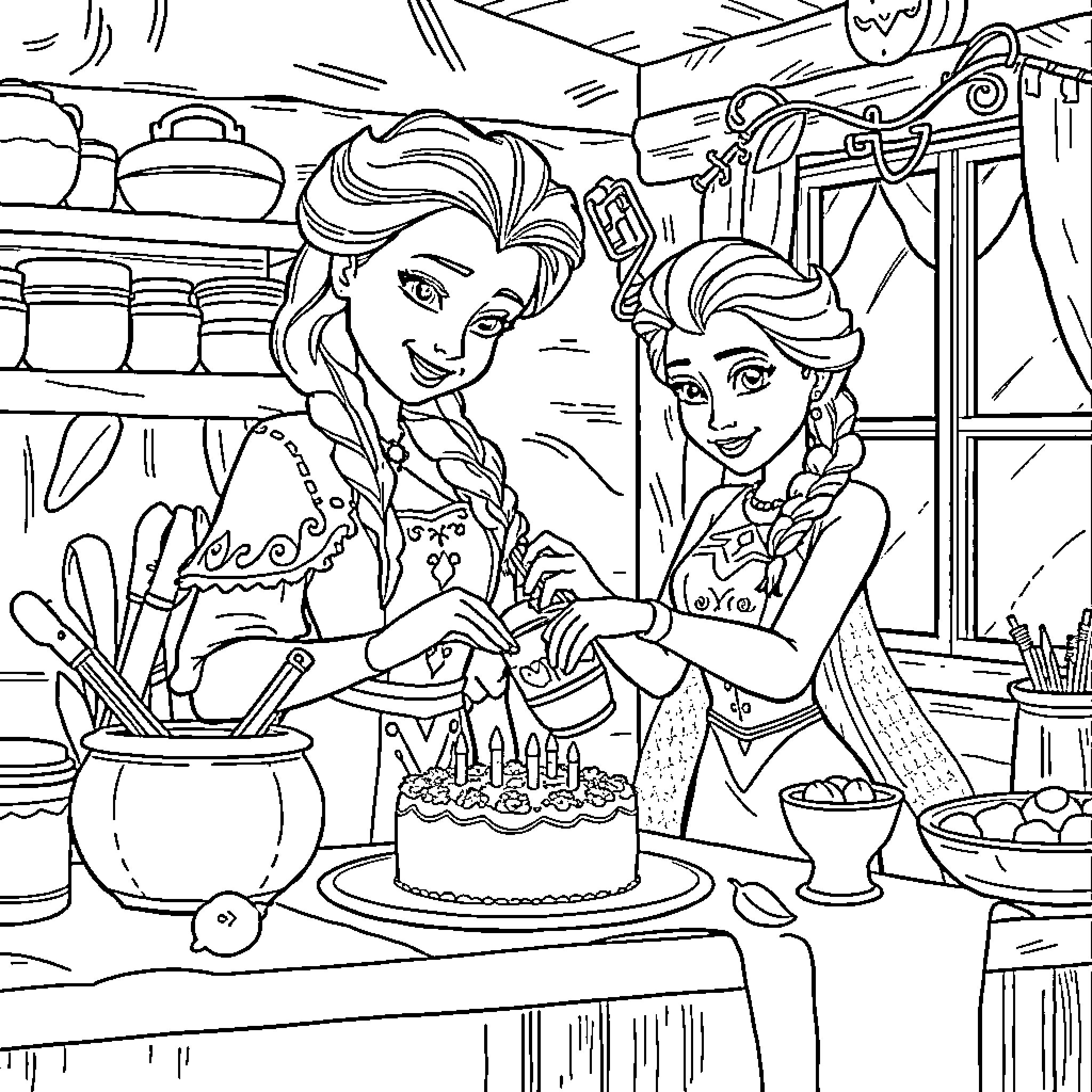 Elsa and Anna Baking a Delicious Cake Together Coloring Page (free black-and-white line drawing printable PDF for all, from beginners to advanced learners, including children, teens, adults, and seniors)