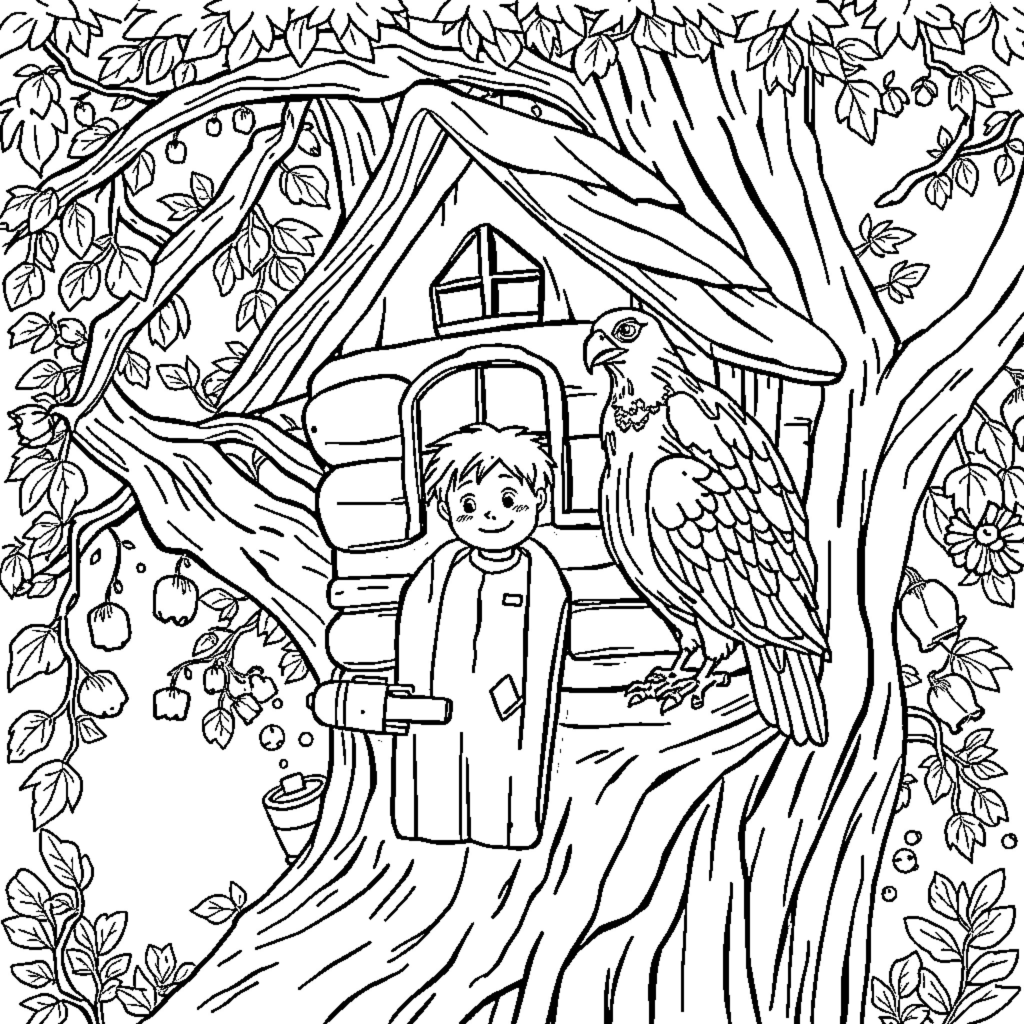 Boy in a tree house surrounded by nature Coloring Page (free black-and-white line drawing printable PDF for all, from beginners to advanced learners, including children, teens, adults, and seniors)