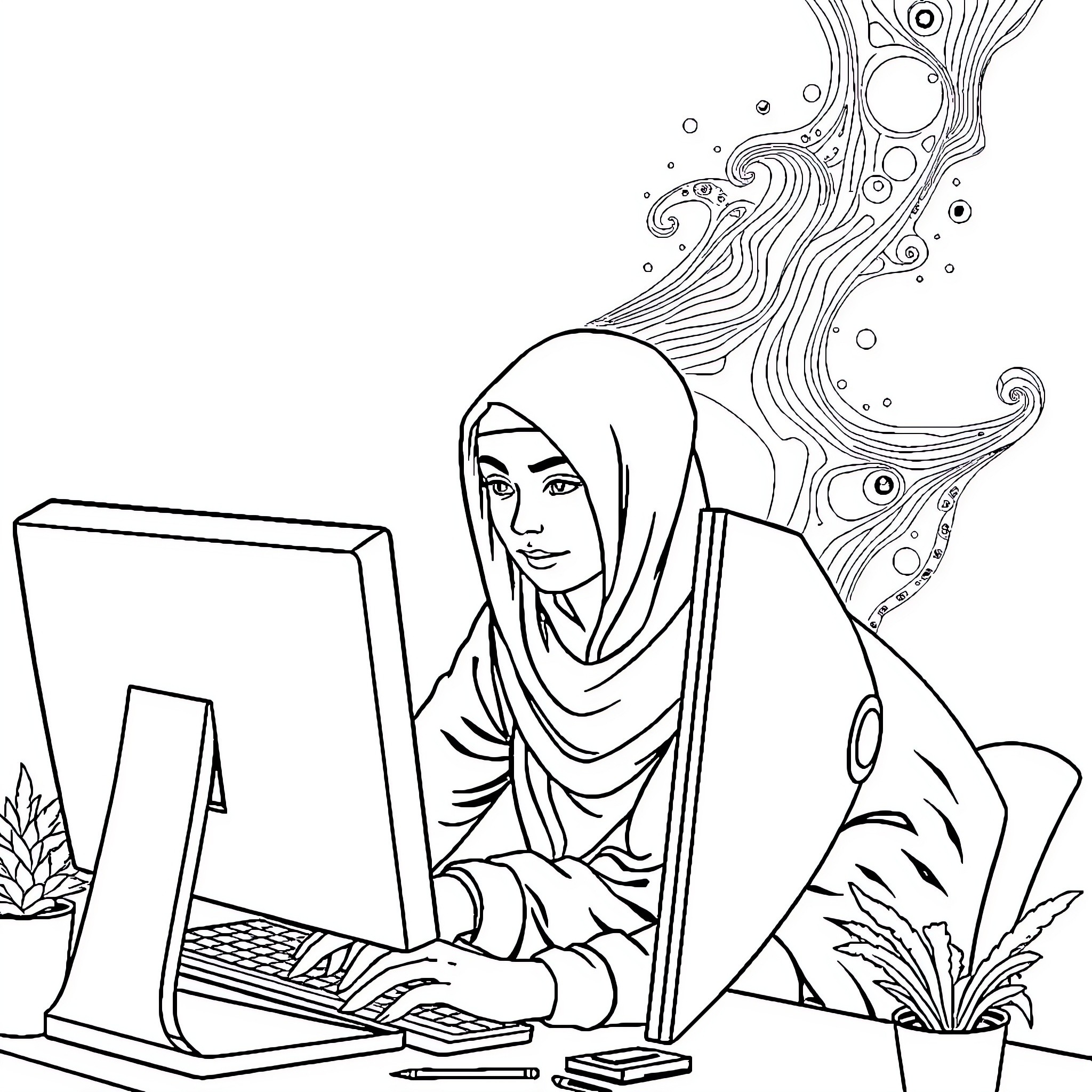 Person working diligently on computer in nature-inspired environment Coloring Page (free black-and-white line drawing printable PDF for all, from beginners to advanced learners, including children, teens, adults, and seniors)
