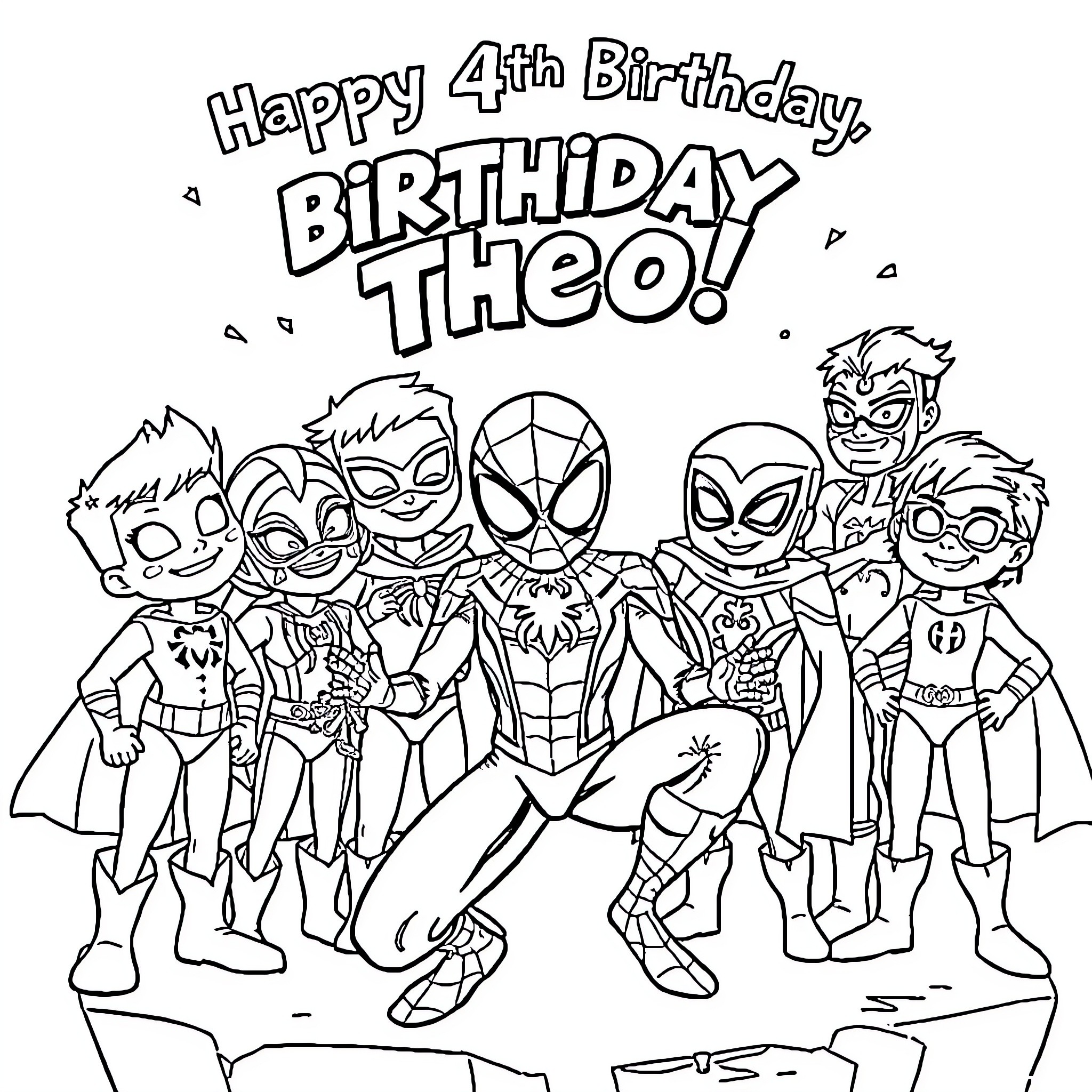 Spidey characters celebrate birthday for Theo Coloring Page (free black-and-white line drawing printable PDF for all, from beginners to advanced learners, including children, teens, adults, and seniors)