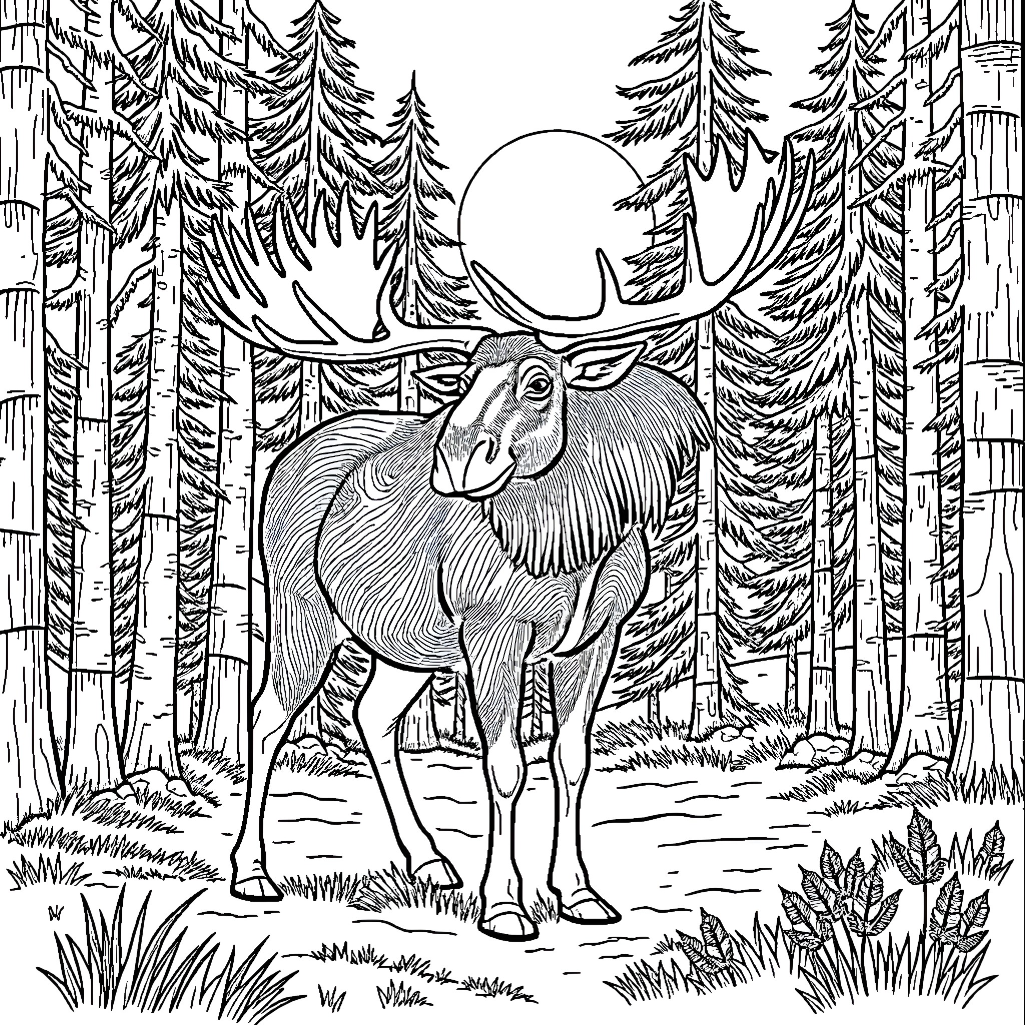 Moose in the Serene Forest Coloring Page (free black-and-white line drawing printable PDF for all, from beginners to advanced learners, including children, teens, adults, and seniors)