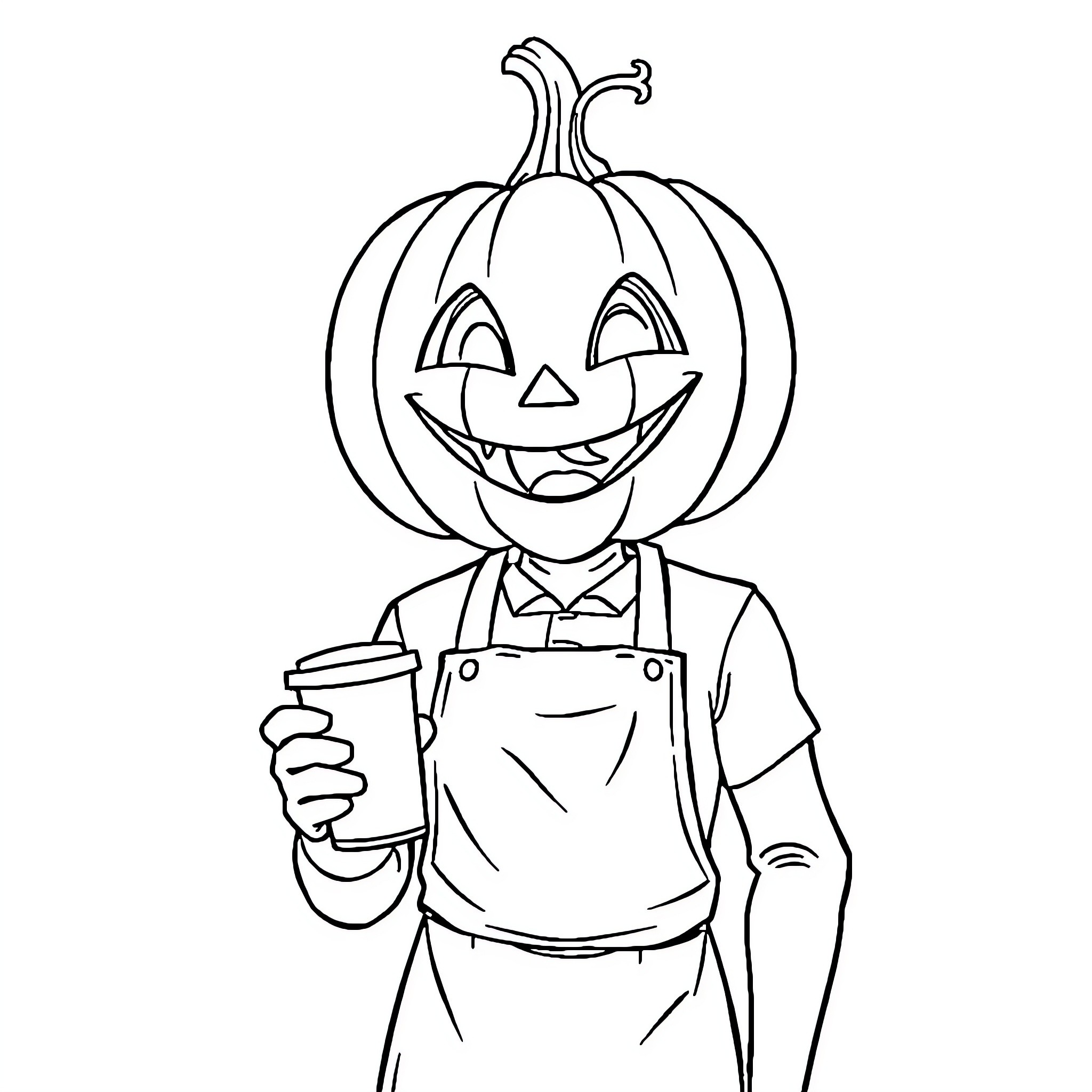 Pumpkin-headed person holding a mug Coloring Page (free black-and-white line drawing printable PDF for all, from beginners to advanced learners, including children, teens, adults, and seniors)