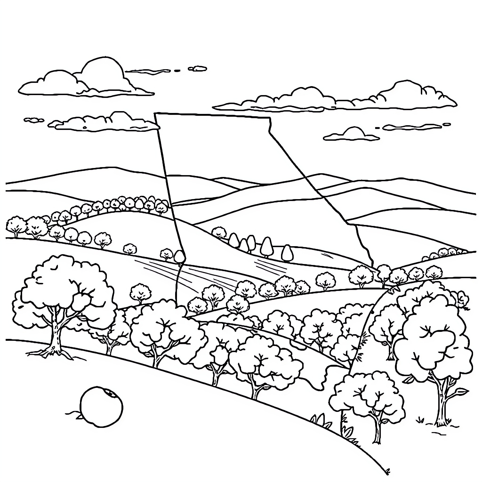 Georgia's Scenic Countryside Landscape Coloring Page (free black-and-white line drawing printable PDF for all, from beginners to advanced learners, including children, teens, adults, and seniors)