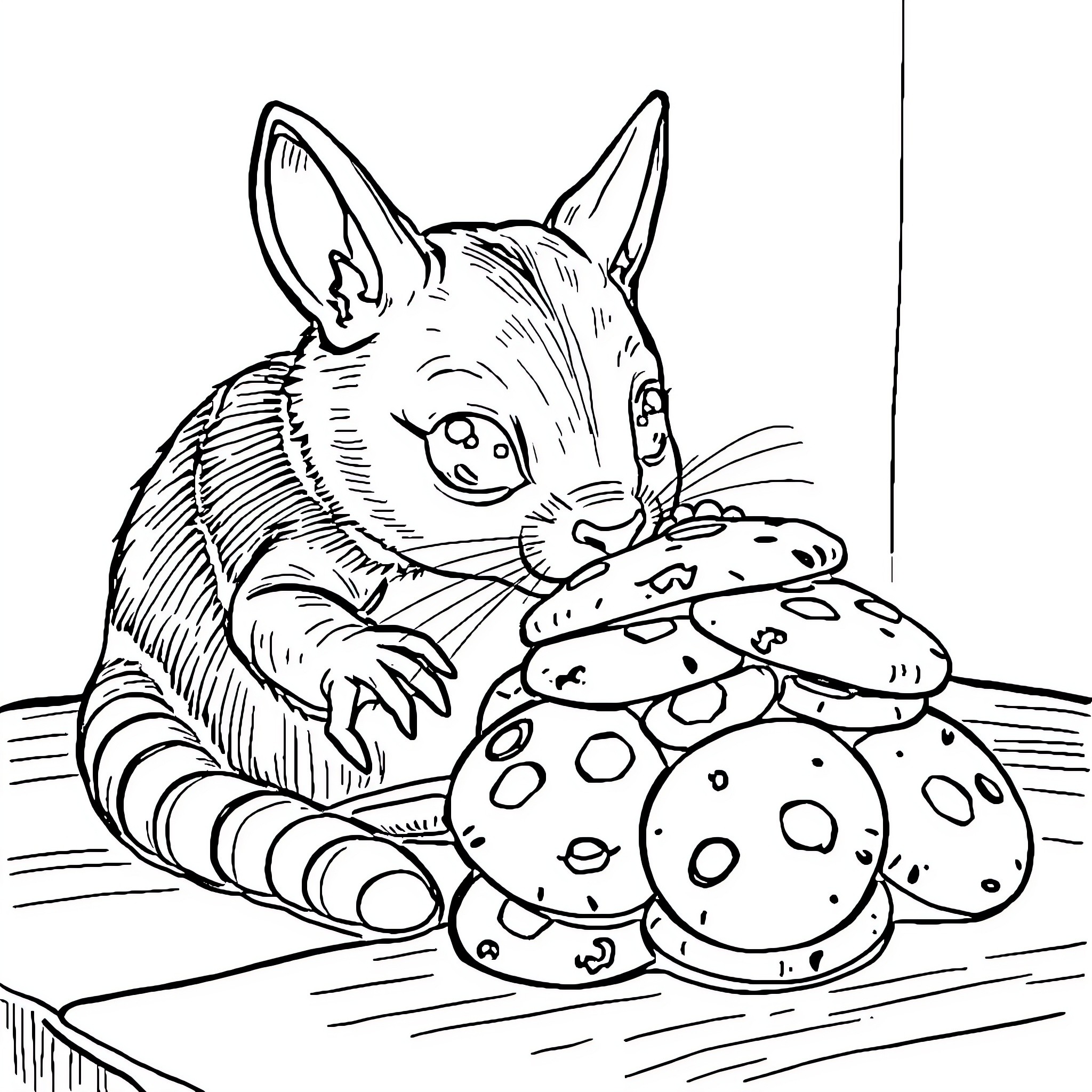 Frog savoring tasty treats on the table Coloring Page (free black-and-white line drawing printable PDF for all, from beginners to advanced learners, including children, teens, adults, and seniors)