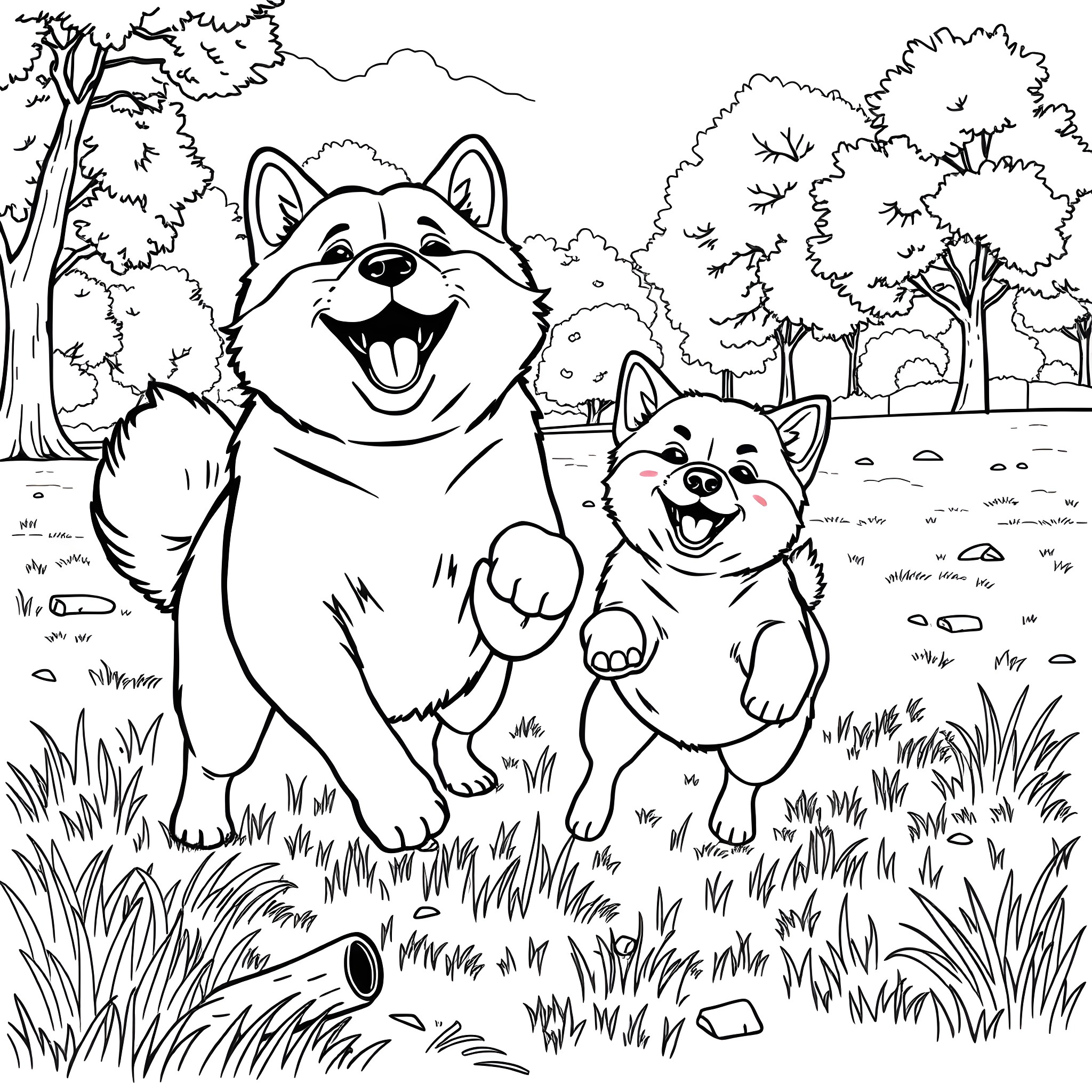 Shiba Inu Dogs Playing in the Park Coloring Page (free black-and-white line drawing printable PDF for all, from beginners to advanced learners, including children, teens, adults, and seniors)
