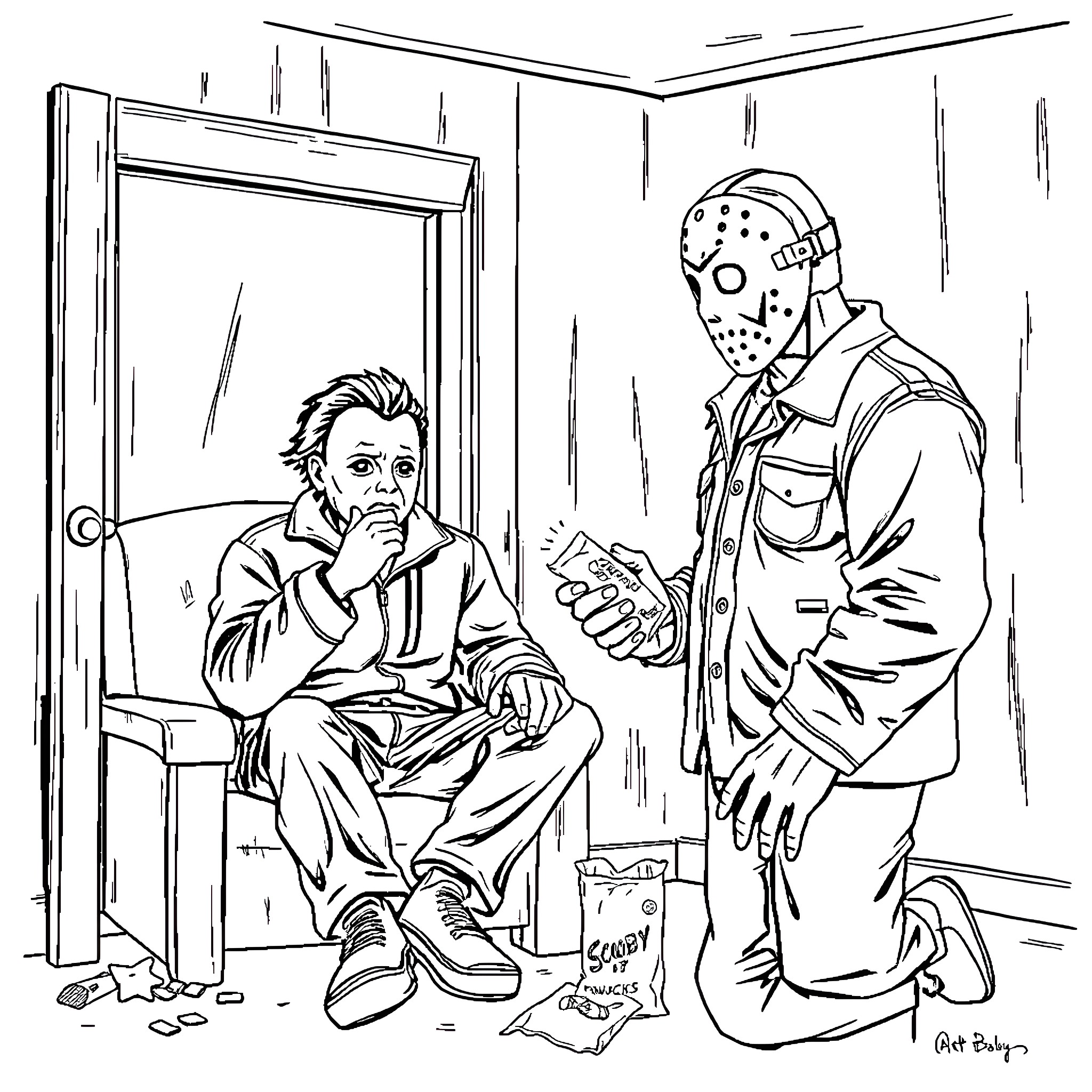 Michael Myers Confronts a Frightened Man in a Dark Room Coloring Page (free black-and-white line drawing printable PDF for all, from beginners to advanced learners, including children, teens, adults, and seniors)