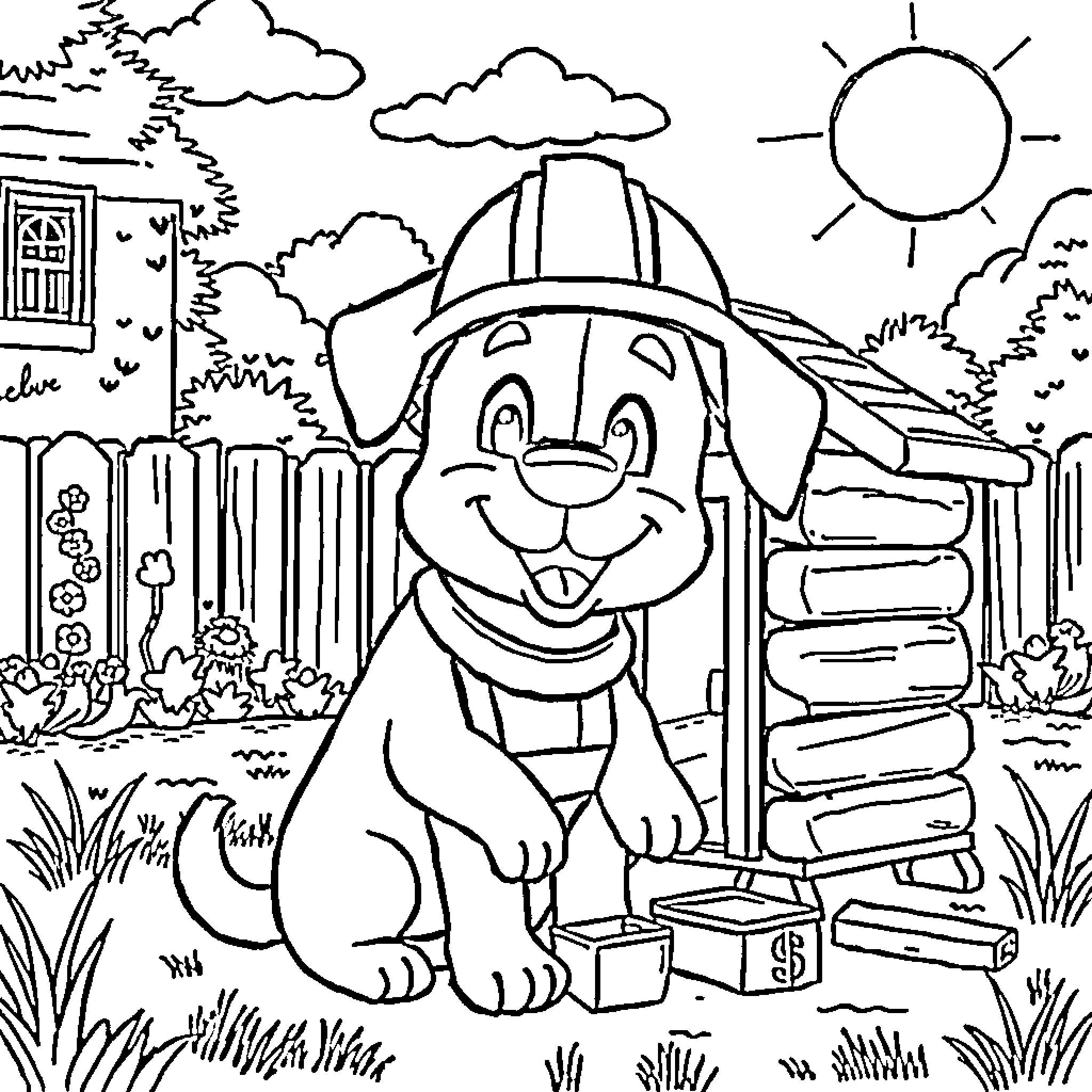Dog wearing construction helmet in outdoor scene Coloring Page (free black-and-white line drawing printable PDF for all, from beginners to advanced learners, including children, teens, adults, and seniors)