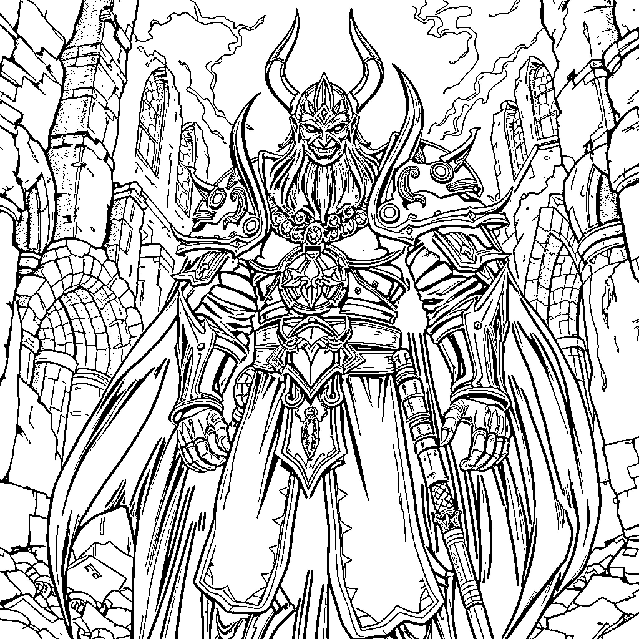 Vlad von Carstein's Sinister Dominance Over the City Coloring Page (free black-and-white line drawing printable PDF for all, from beginners to advanced learners, including children, teens, adults, and seniors)