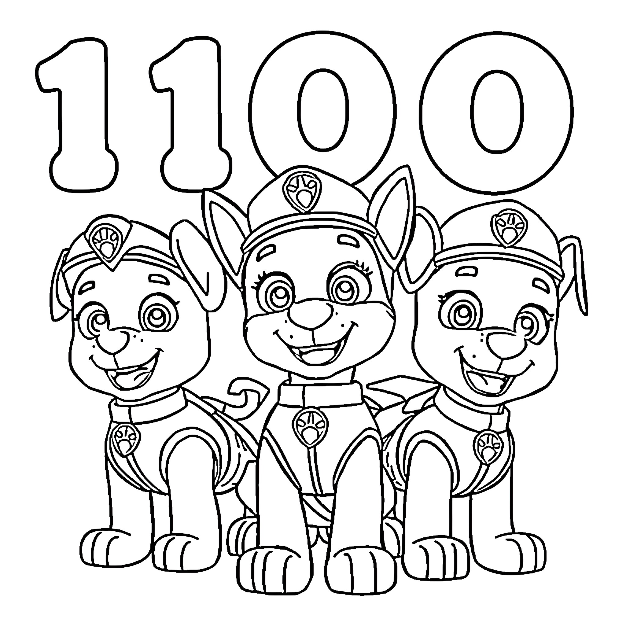 Paw Patrol Puppies Celebrating 1100th Episode Coloring Page (free black-and-white line drawing printable PDF for all, from beginners to advanced learners, including children, teens, adults, and seniors)