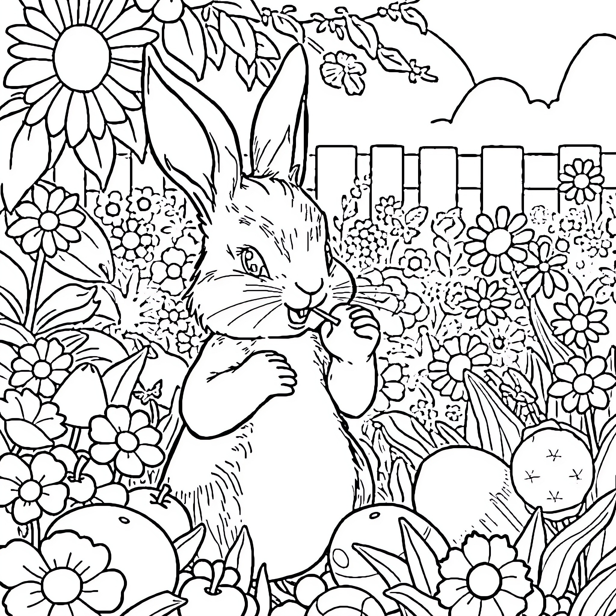 Peter Rabbit surrounded by vibrant flowers and foliage Coloring Page (free black-and-white line drawing printable PDF for all, from beginners to advanced learners, including children, teens, adults, and seniors)