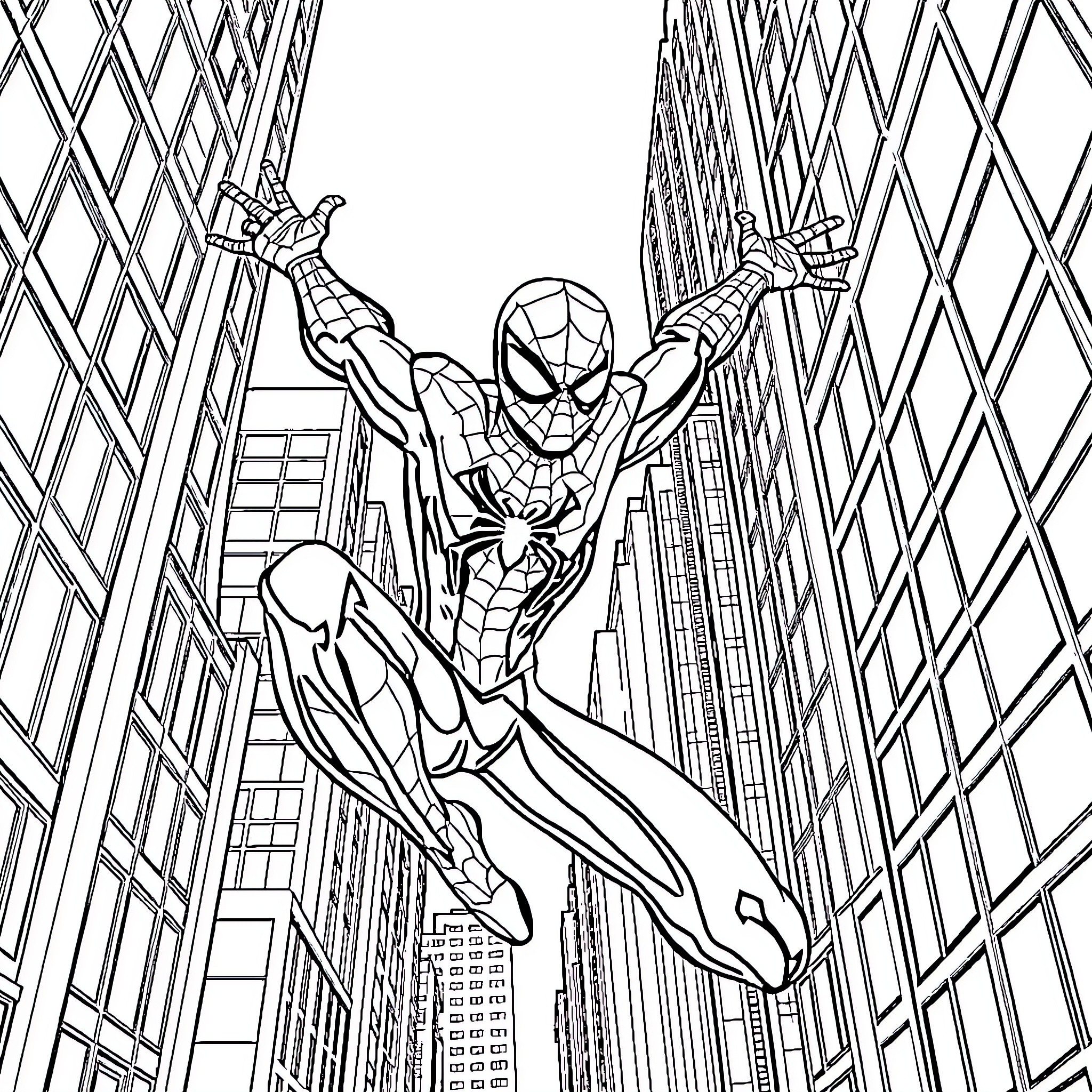 Spiderman swinging between skyscrapers in the city Coloring Page (free black-and-white line drawing printable PDF for all, from beginners to advanced learners, including children, teens, adults, and seniors)