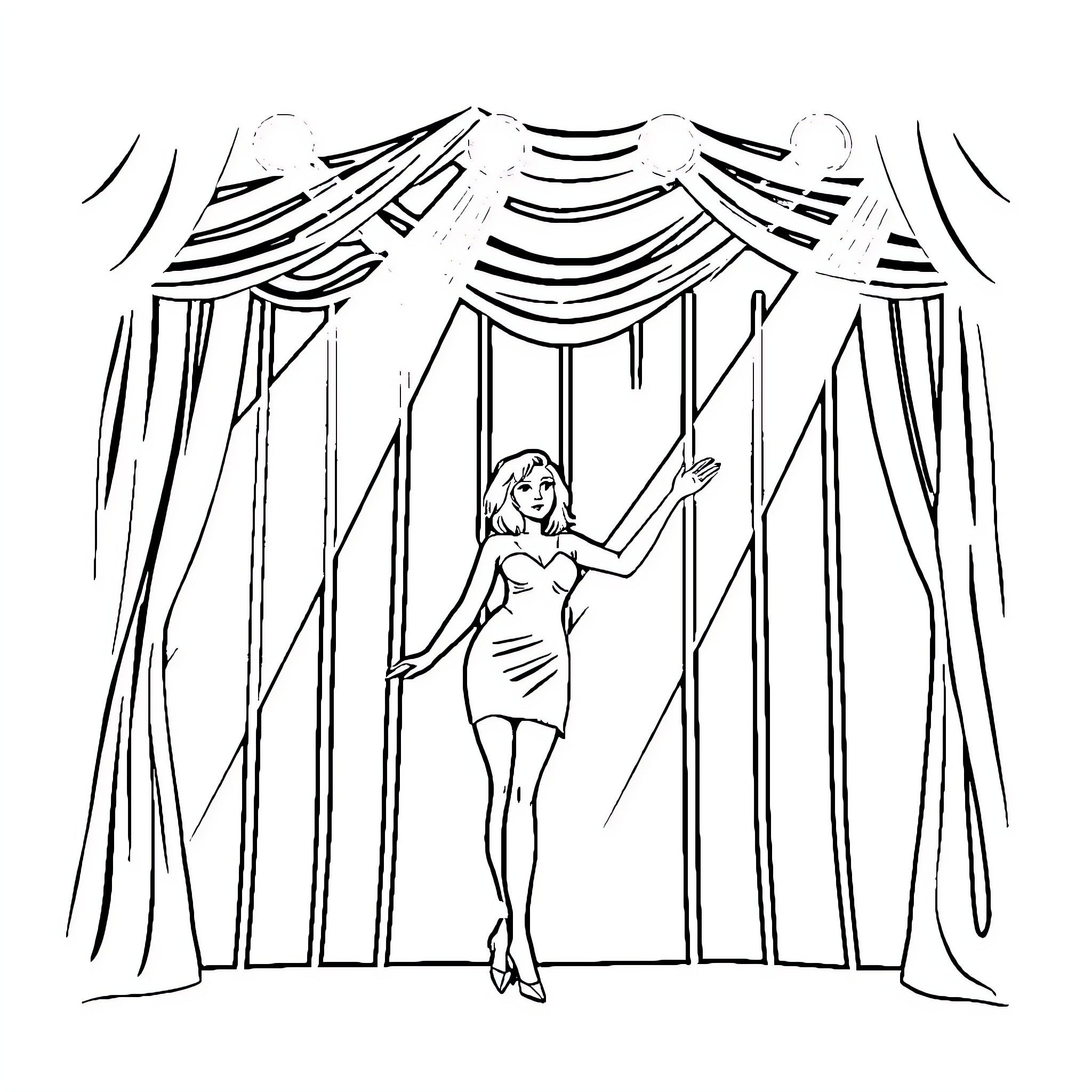 Chappel Roan: Woman on stage behind curtains Coloring Page (free black-and-white line drawing printable PDF for all, from beginners to advanced learners, including children, teens, adults, and seniors)