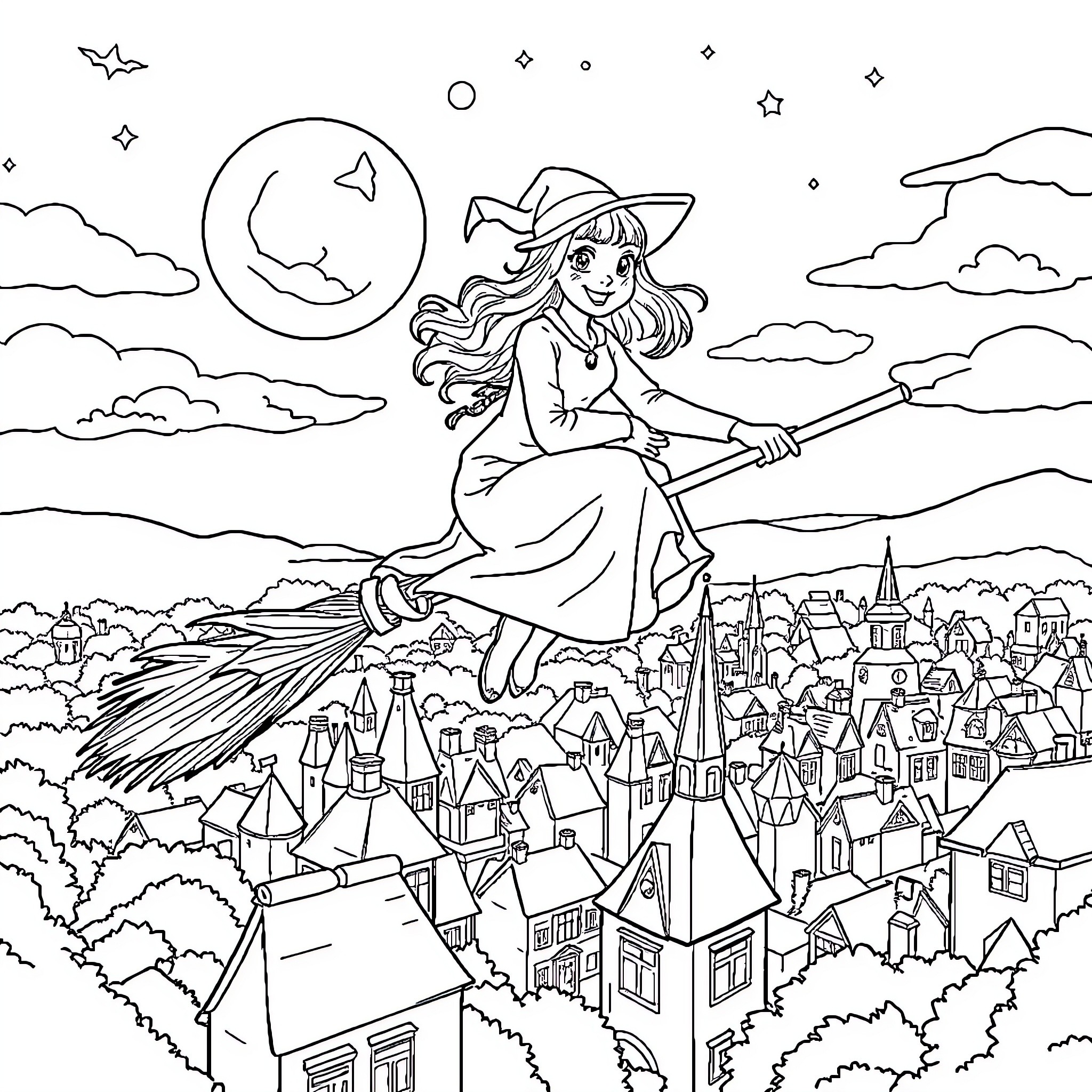 Jennifer the Witch Flying Over a Magical Town Coloring Page (free black-and-white line drawing printable PDF for all, from beginners to advanced learners, including children, teens, adults, and seniors)