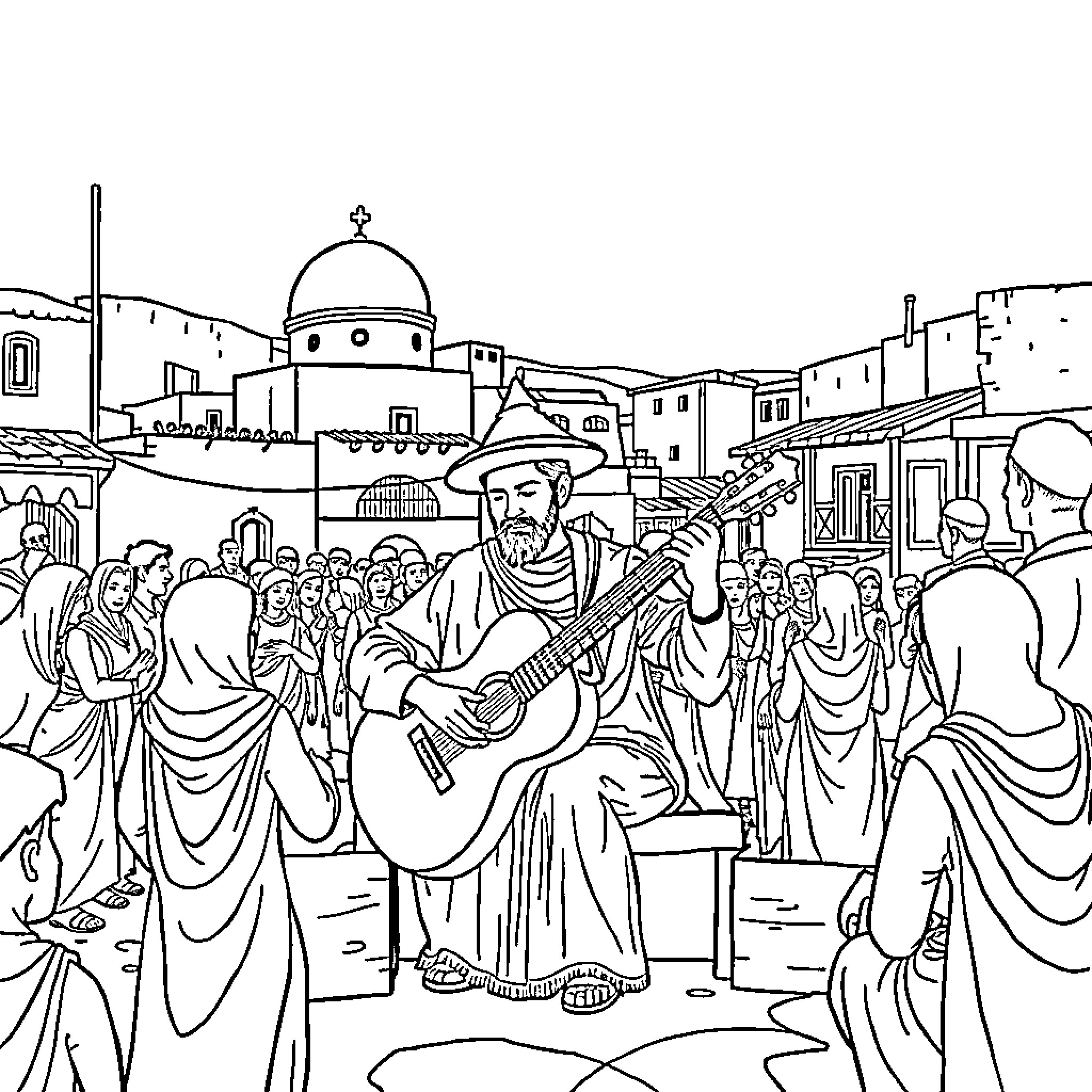 Kuromi character style man playing guitar for a crowd Coloring Page (free black-and-white line drawing printable PDF for all, from beginners to advanced learners, including children, teens, adults, and seniors)