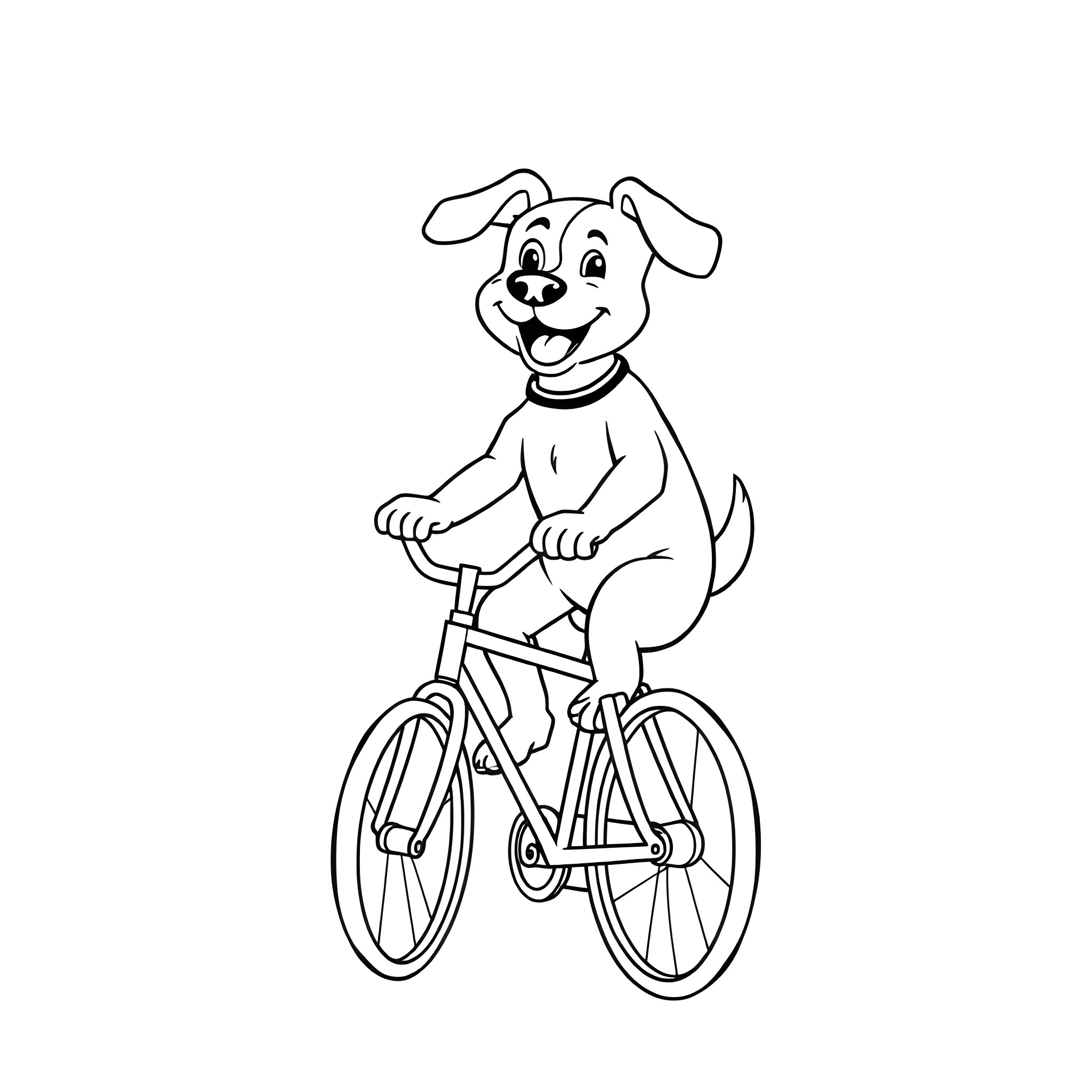 Dog riding a bicycle happily Coloring Page (free black-and-white line drawing printable PDF for all, from beginners to advanced learners, including children, teens, adults, and seniors)