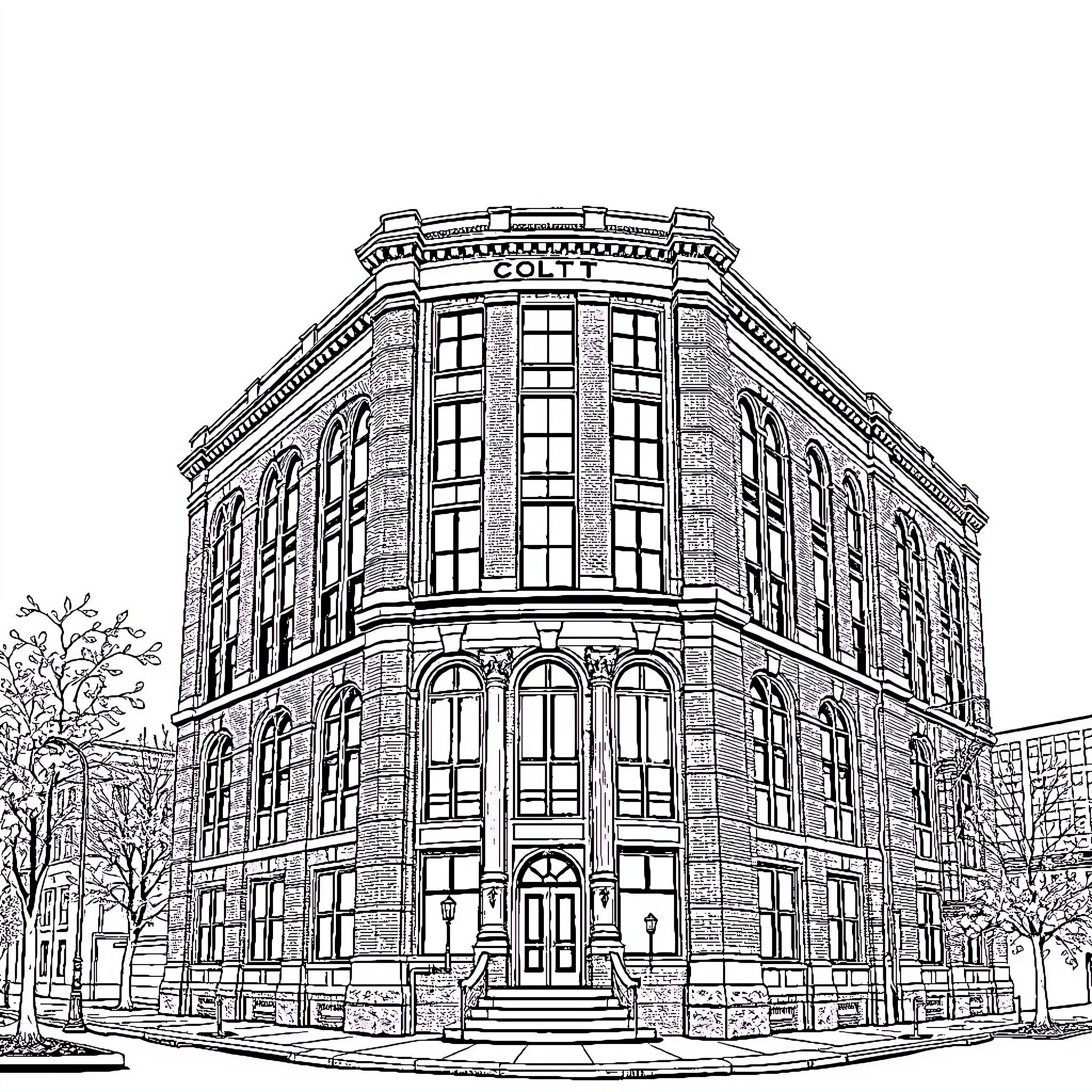 Colt Building Facade and Architecture Coloring Page (free black-and-white line drawing printable PDF for all, from beginners to advanced learners, including children, teens, adults, and seniors)