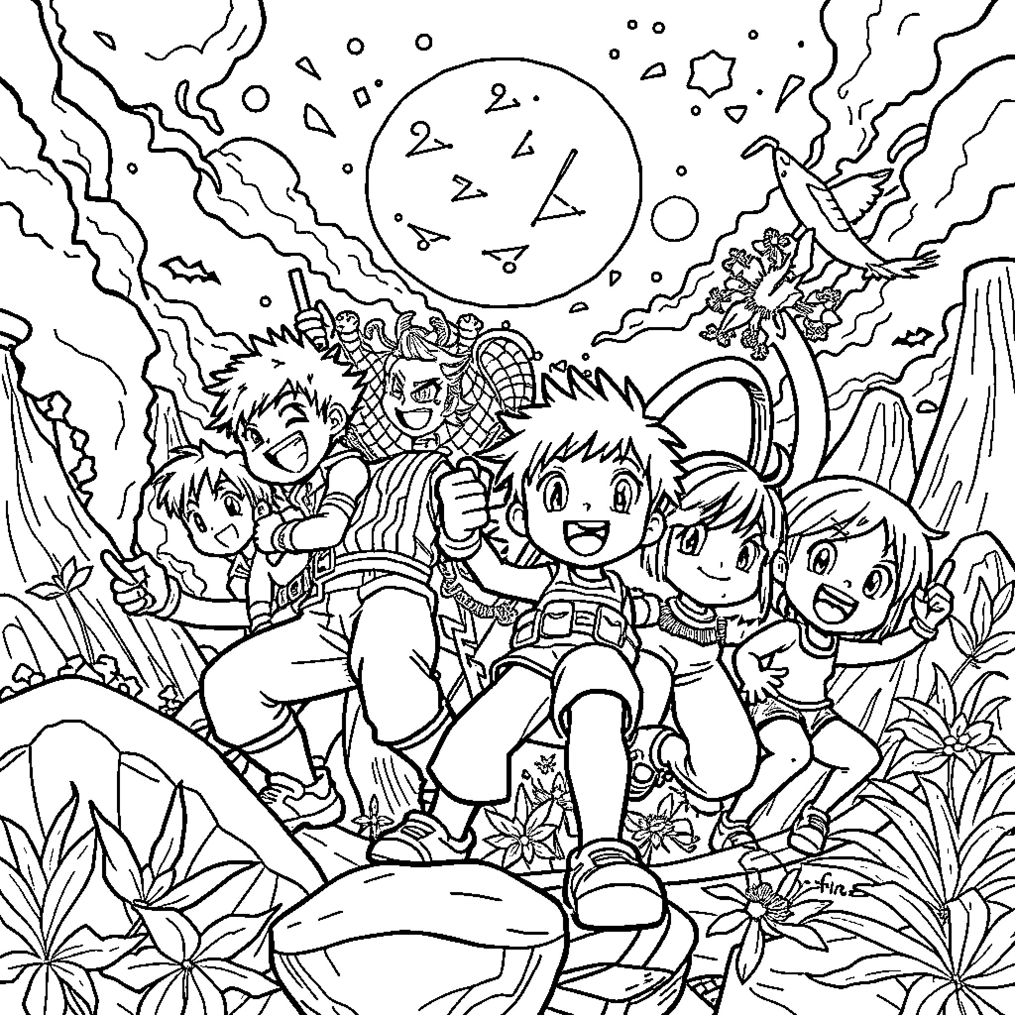 Anime Characters Exploring Fantastical Landscape Coloring Page (free black-and-white line drawing printable PDF for all, from beginners to advanced learners, including children, teens, adults, and seniors)