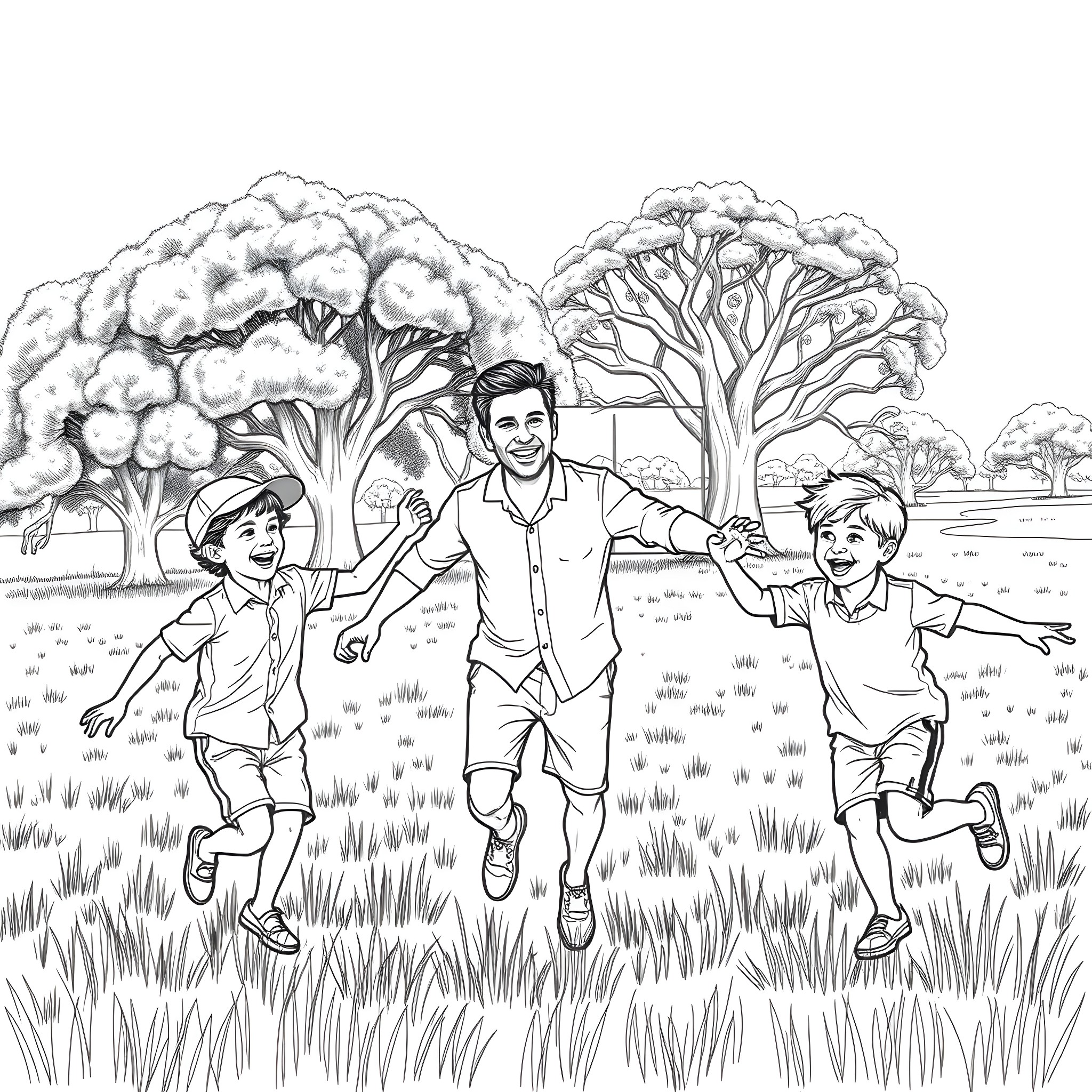 Aussie family having fun in the countryside Coloring Page (free black-and-white line drawing printable PDF for all, from beginners to advanced learners, including children, teens, adults, and seniors)