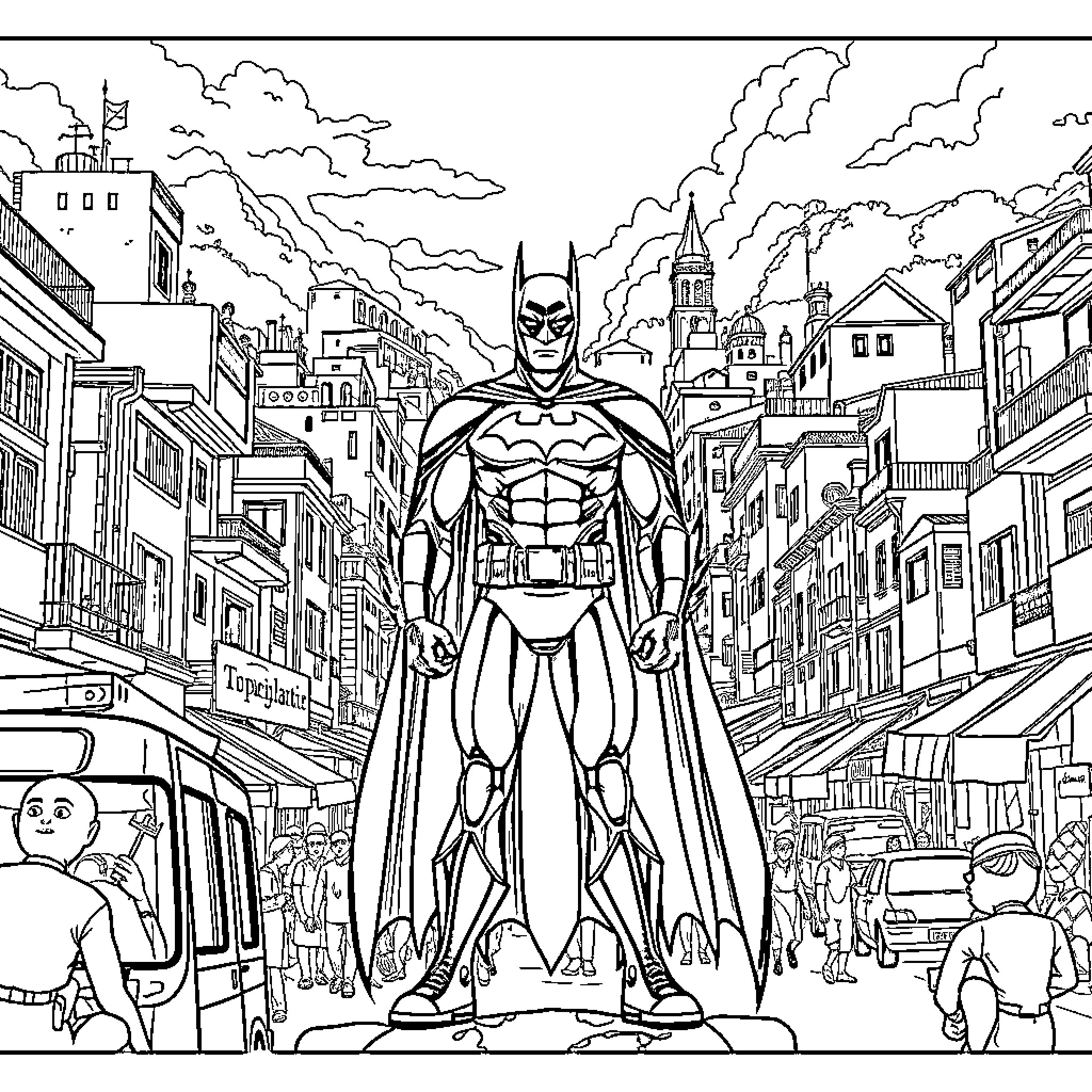 Batman patrolling the city streets in action mode Coloring Page (free black-and-white line drawing printable PDF for all, from beginners to advanced learners, including children, teens, adults, and seniors)