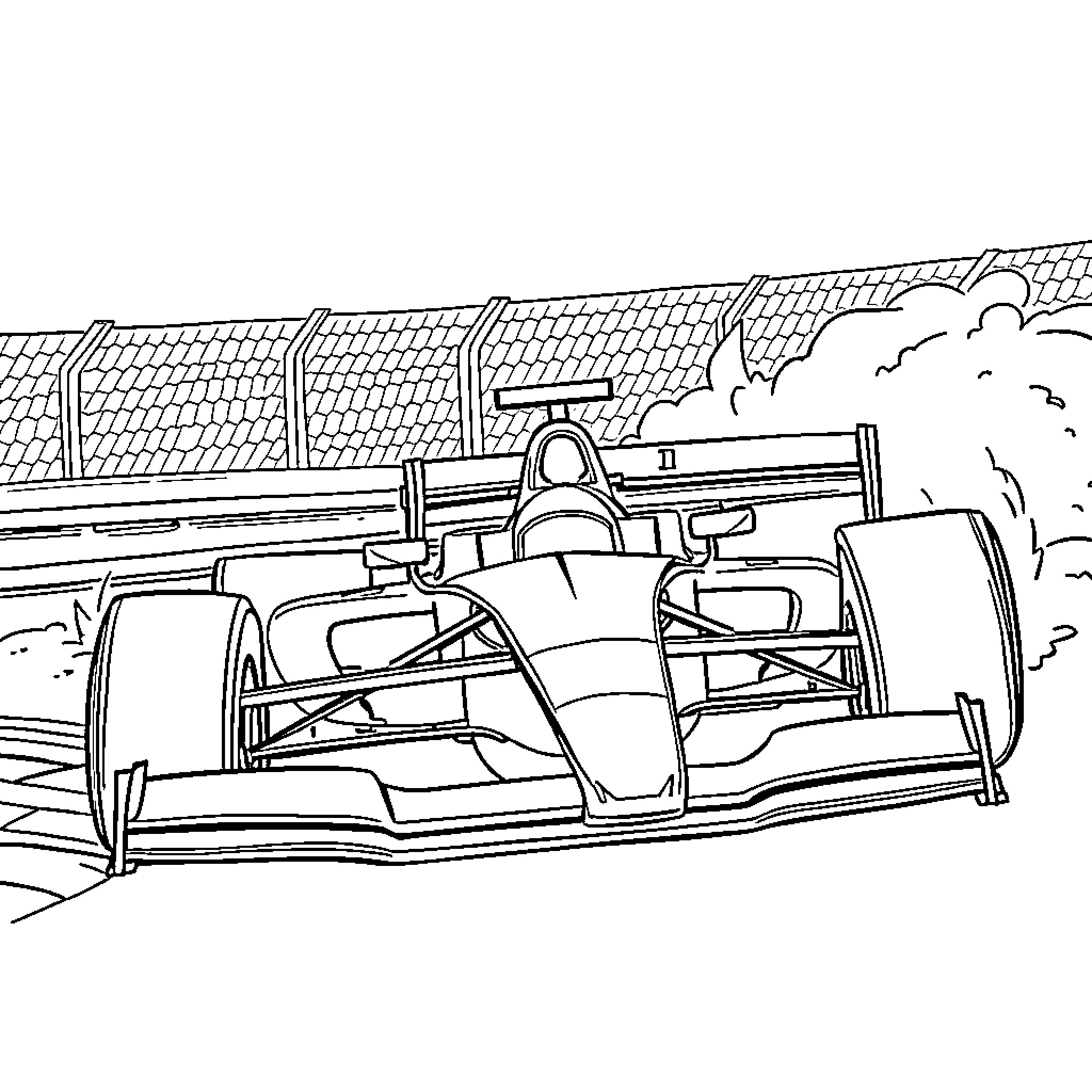 Formula 1 Race Car in Action Coloring Page (free black-and-white line drawing printable PDF for all, from beginners to advanced learners, including children, teens, adults, and seniors)