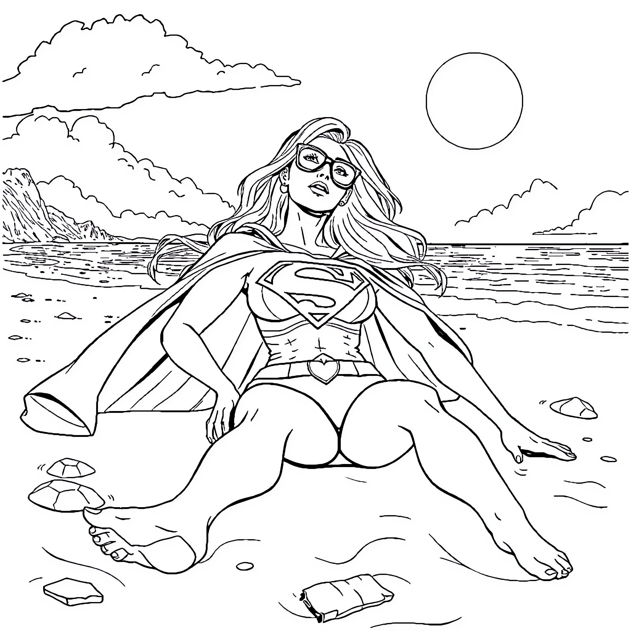 Supergirl relaxing on the beach Coloring Page (free black-and-white line drawing printable PDF for all, from beginners to advanced learners, including children, teens, adults, and seniors)