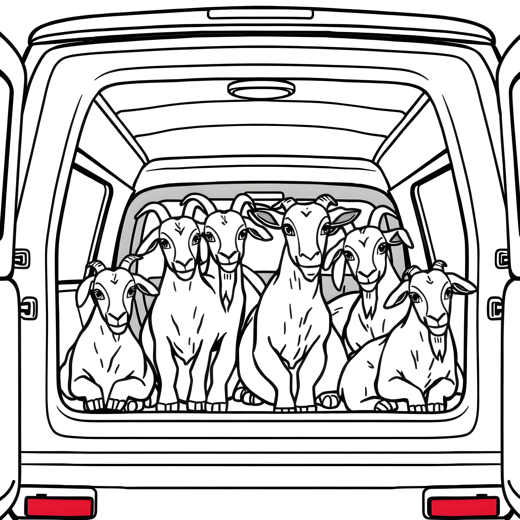 Goats crammed in the back of a van Coloring Page (free black-and-white line drawing printable PDF for all, from beginners to advanced learners, including children, teens, adults, and seniors)