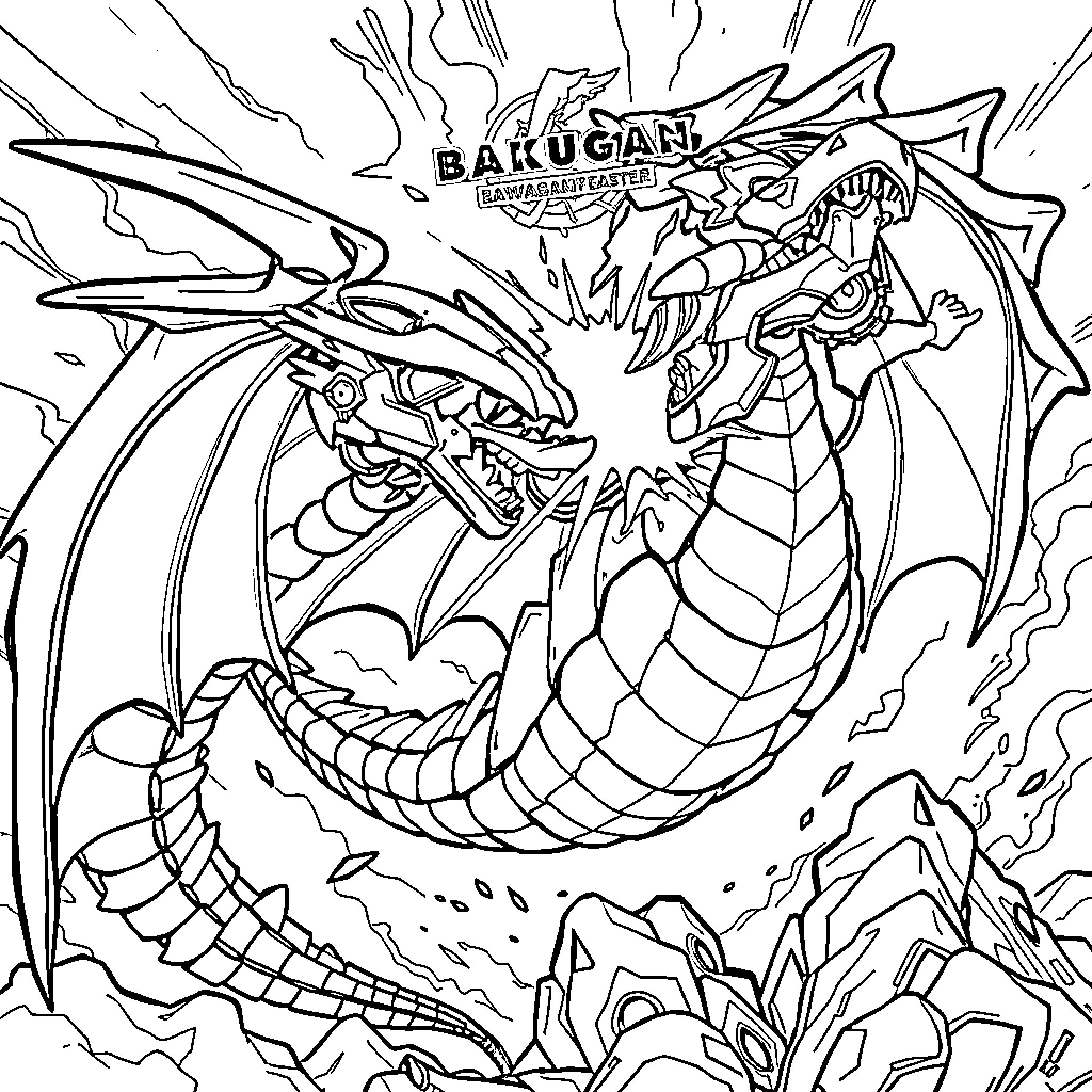 Bakugan dragon in fierce battle stance Coloring Page (free black-and-white line drawing printable PDF for all, from beginners to advanced learners, including children, teens, adults, and seniors)