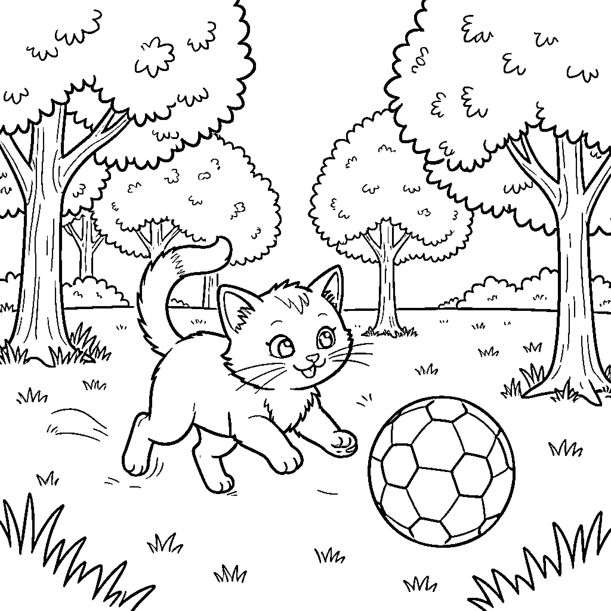 Cat playing with a soccer ball in the forest Coloring Page (free black-and-white line drawing printable PDF for all, from beginners to advanced learners, including children, teens, adults, and seniors)