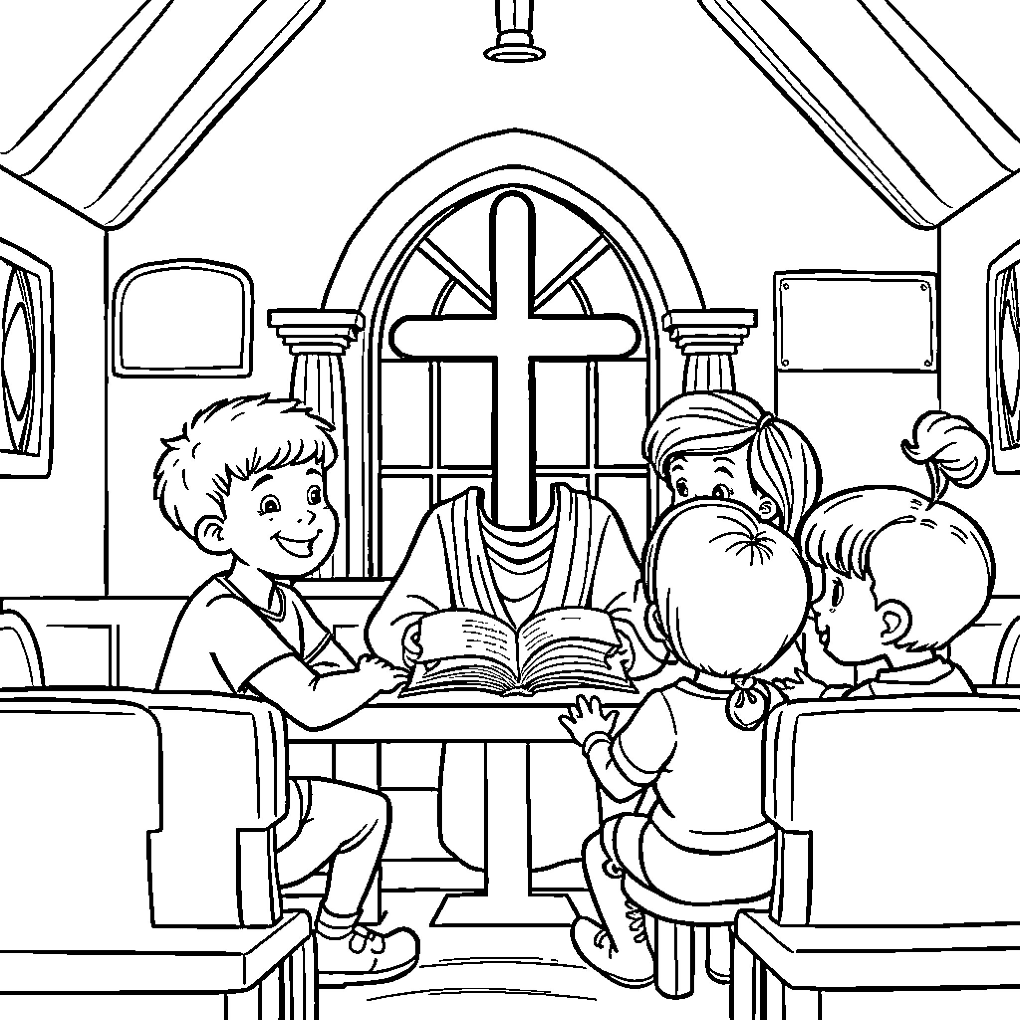 Child listening attentively in church service Coloring Page (free black-and-white line drawing printable PDF for all, from beginners to advanced learners, including children, teens, adults, and seniors)