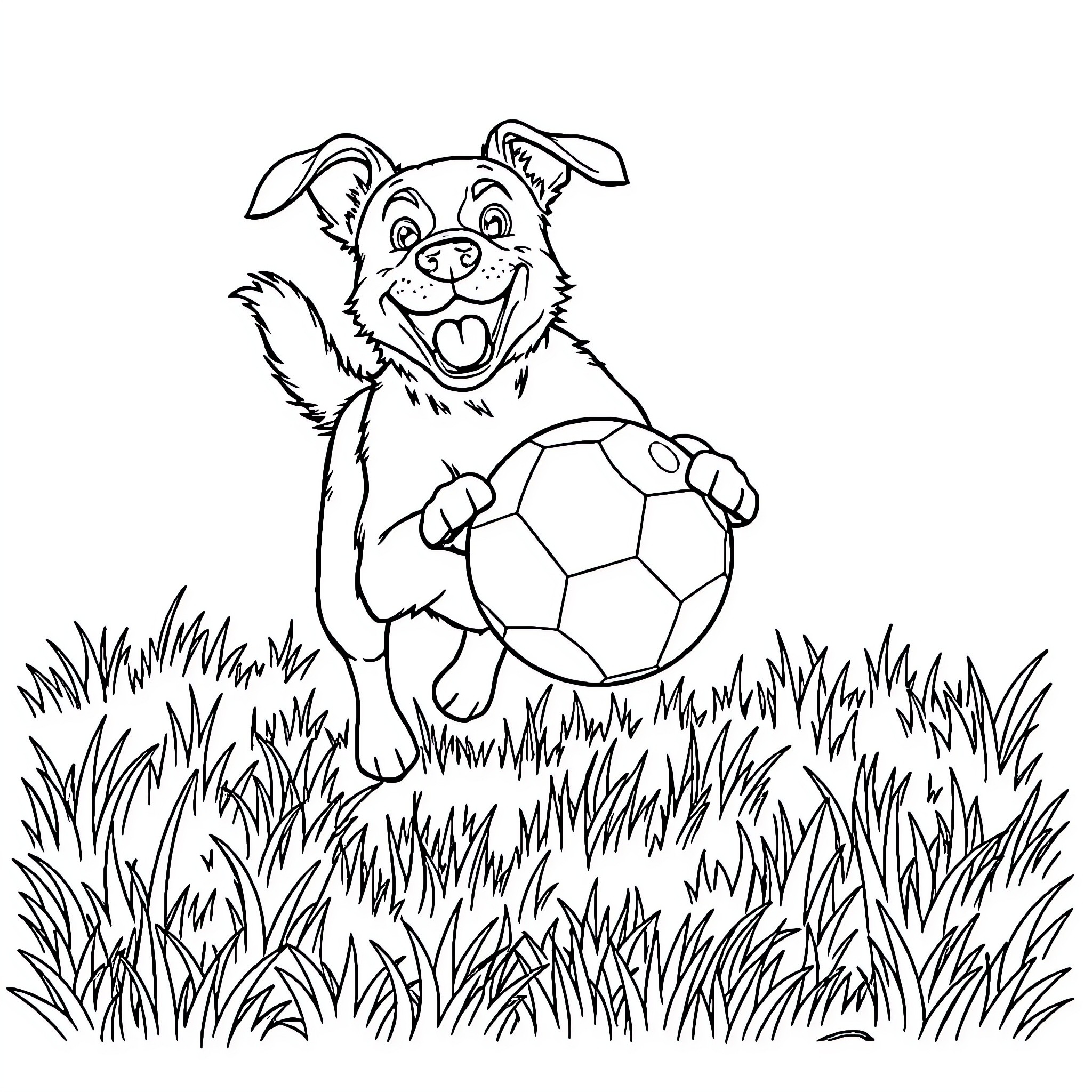Dog playing with soccer ball in the grass Coloring Page (free black-and-white line drawing printable PDF for all, from beginners to advanced learners, including children, teens, adults, and seniors)
