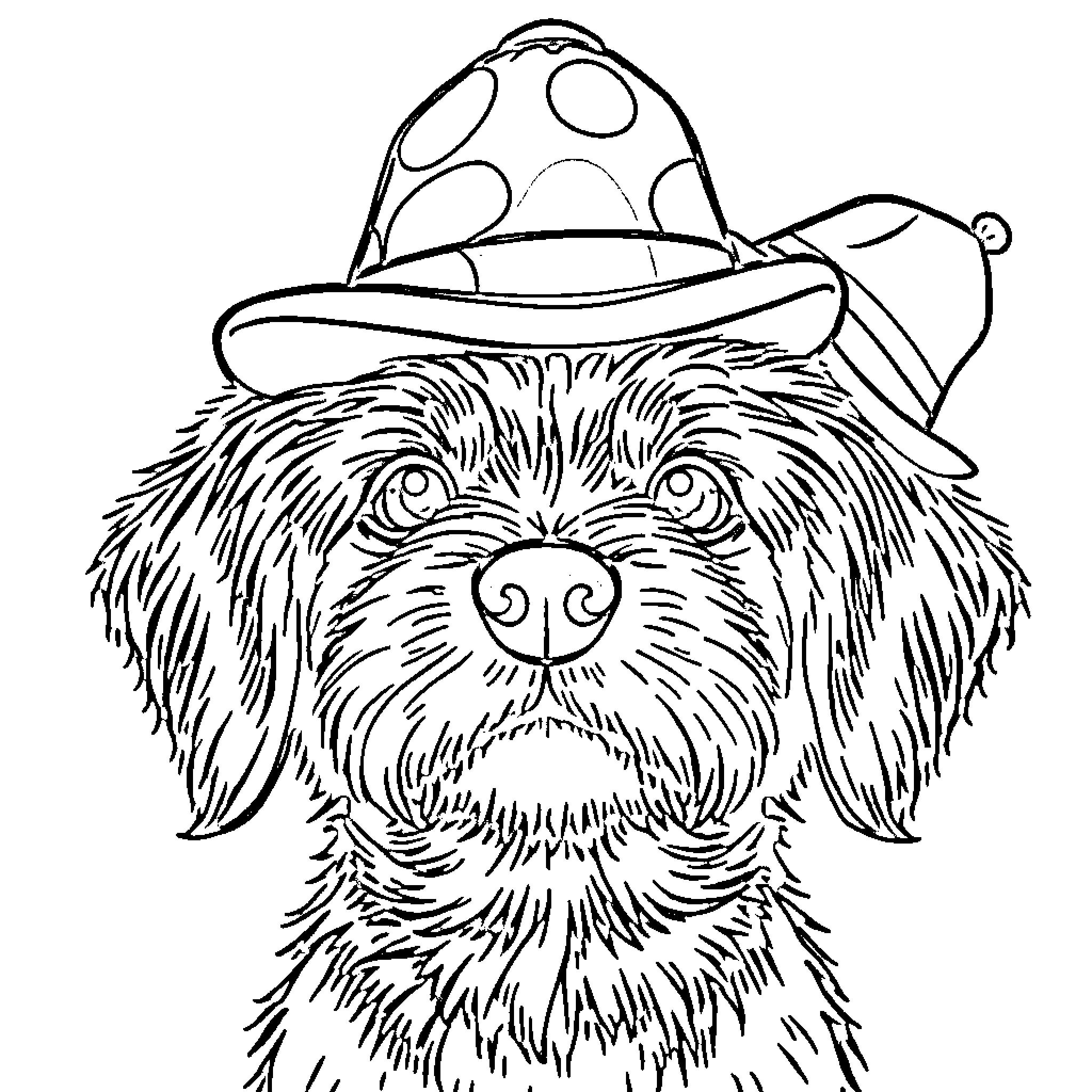 Dog wearing a spotted hat and looking curious Coloring Page (free black-and-white line drawing printable PDF for all, from beginners to advanced learners, including children, teens, adults, and seniors)