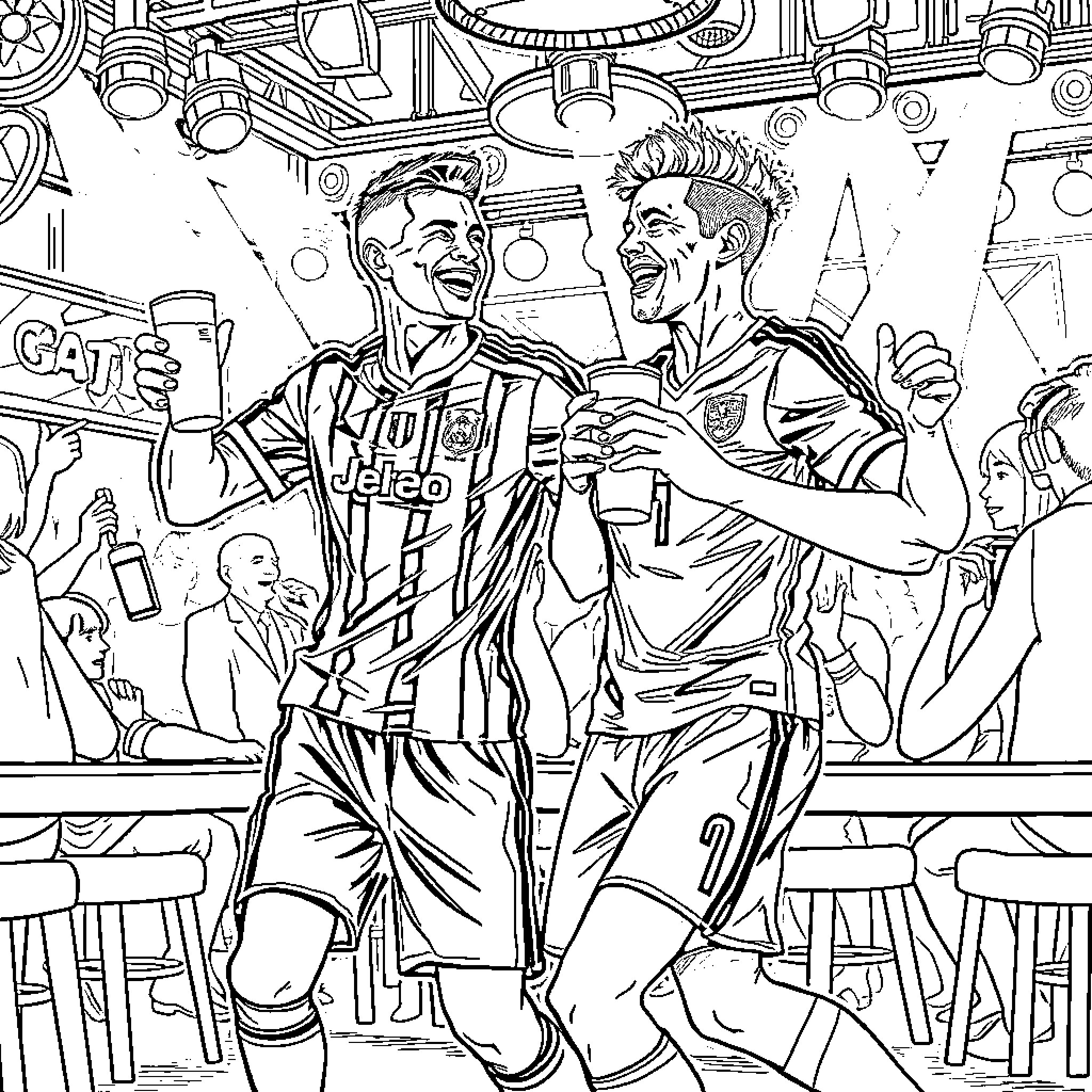 Ronaldo celebrating with teammates after match Coloring Page (free black-and-white line drawing printable PDF for all, from beginners to advanced learners, including children, teens, adults, and seniors)