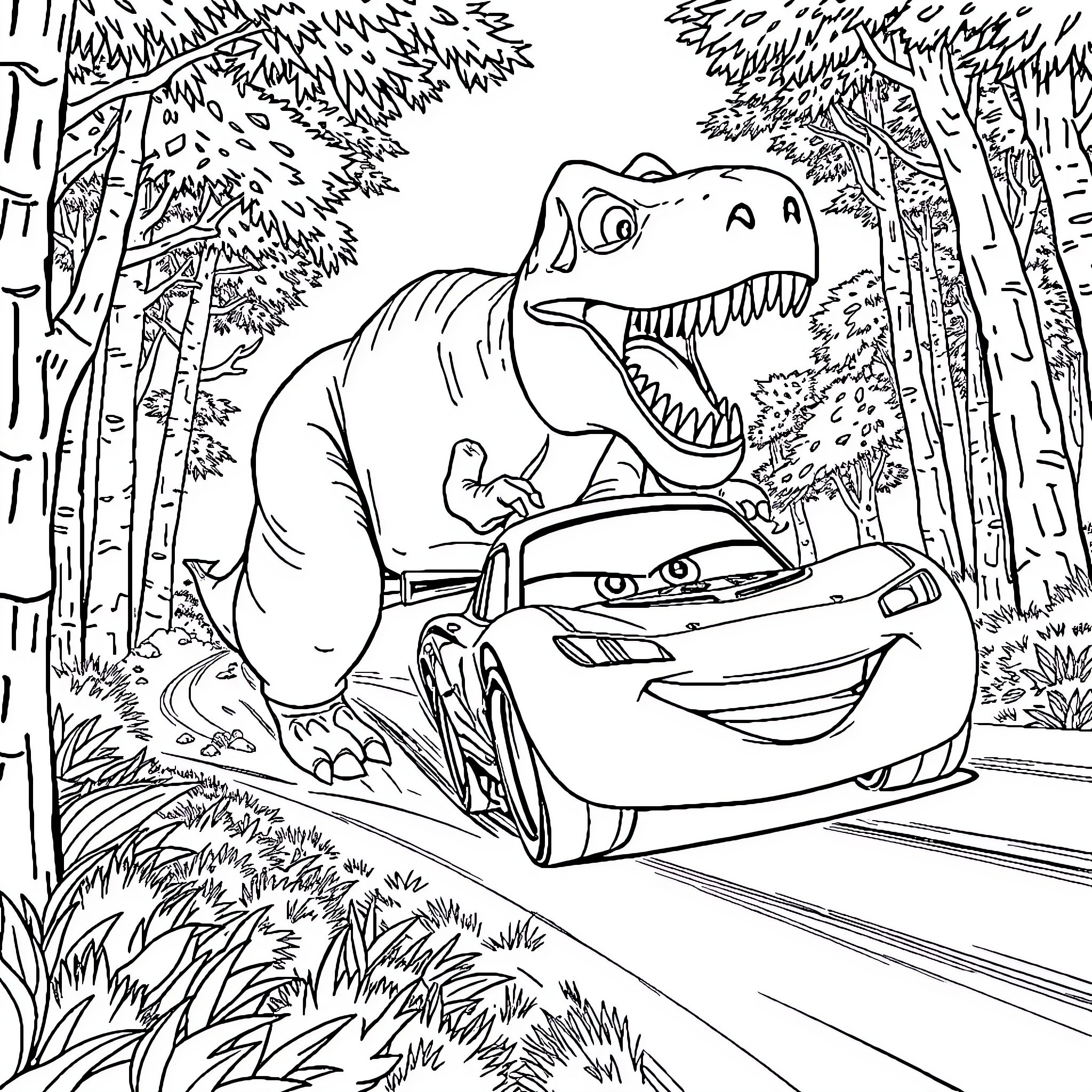 Lightning McQueen races through a prehistoric forest Coloring Page (free black-and-white line drawing printable PDF for all, from beginners to advanced learners, including children, teens, adults, and seniors)