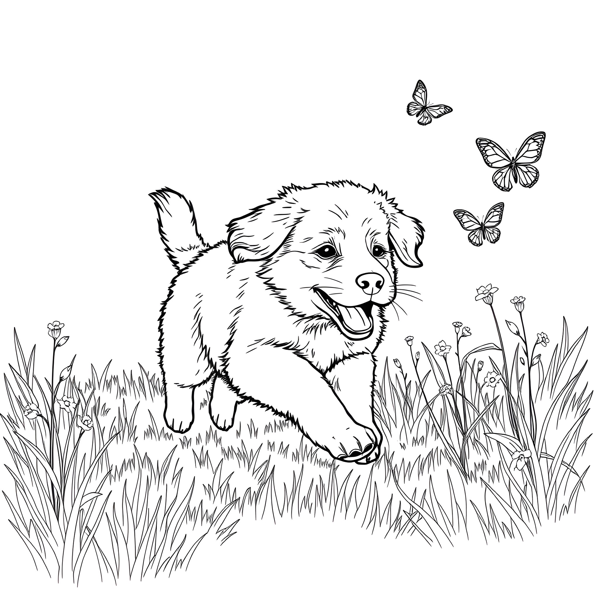 Golden Retriever playing in the grass with butterflies Coloring Page (free black-and-white line drawing printable PDF for all, from beginners to advanced learners, including children, teens, adults, and seniors)