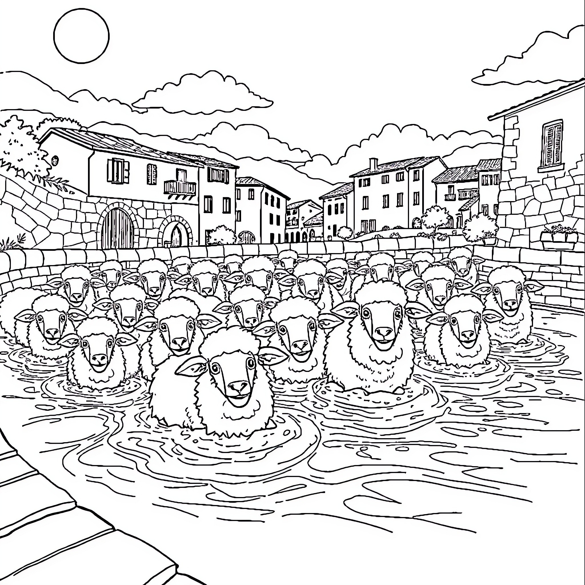 Sheep Flock Crossing a River in a Town Coloring Page (free black-and-white line drawing printable PDF for all, from beginners to advanced learners, including children, teens, adults, and seniors)