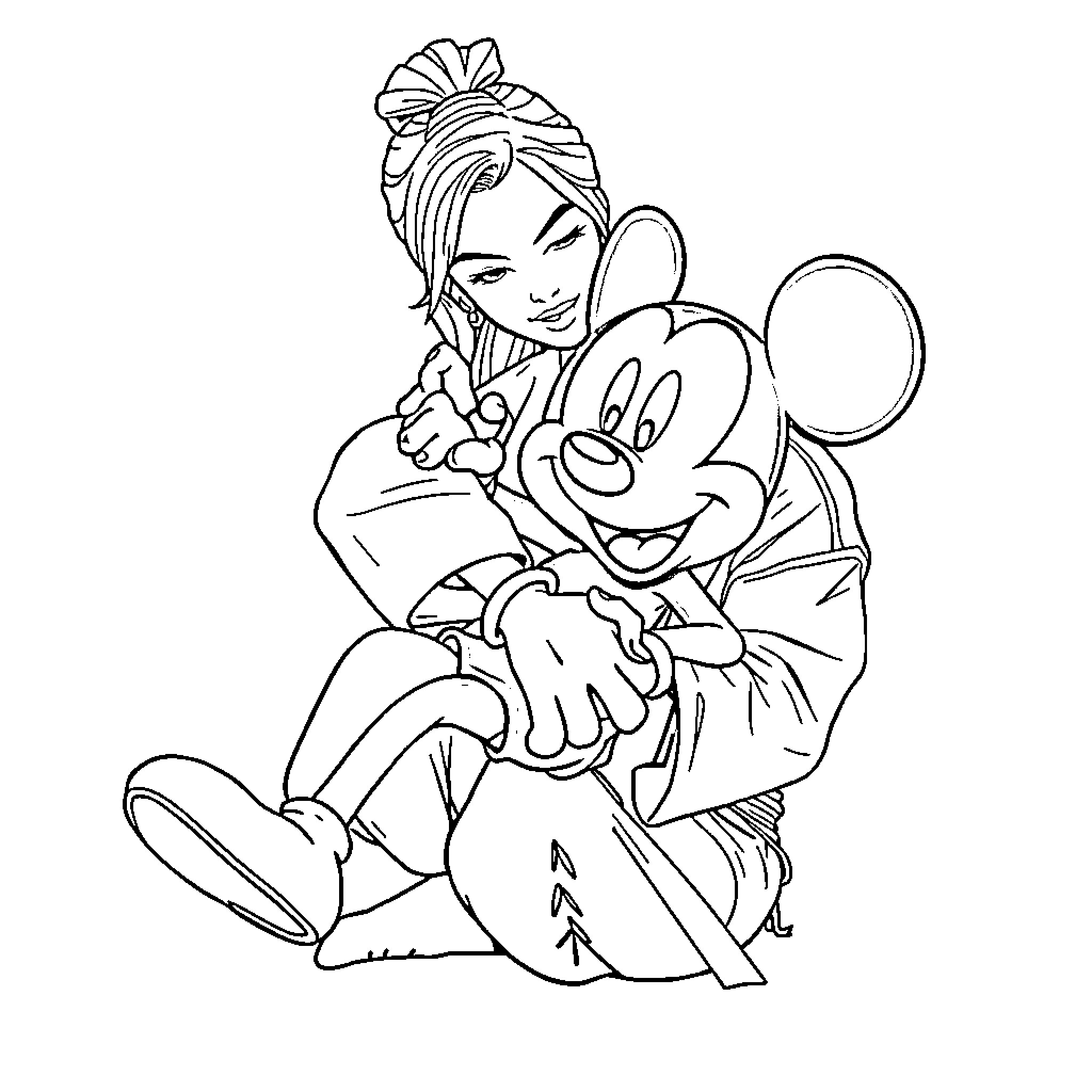 Jiu Jitsu with Mickey Mouse Coloring Page (free black-and-white line drawing printable PDF for all, from beginners to advanced learners, including children, teens, adults, and seniors)