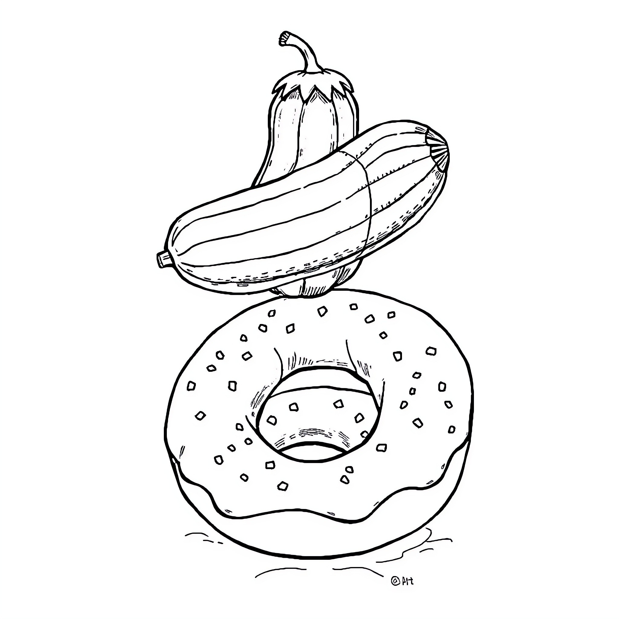 Cucumber balancing on a jelly donut Coloring Page (free black-and-white line drawing printable PDF for all, from beginners to advanced learners, including children, teens, adults, and seniors)