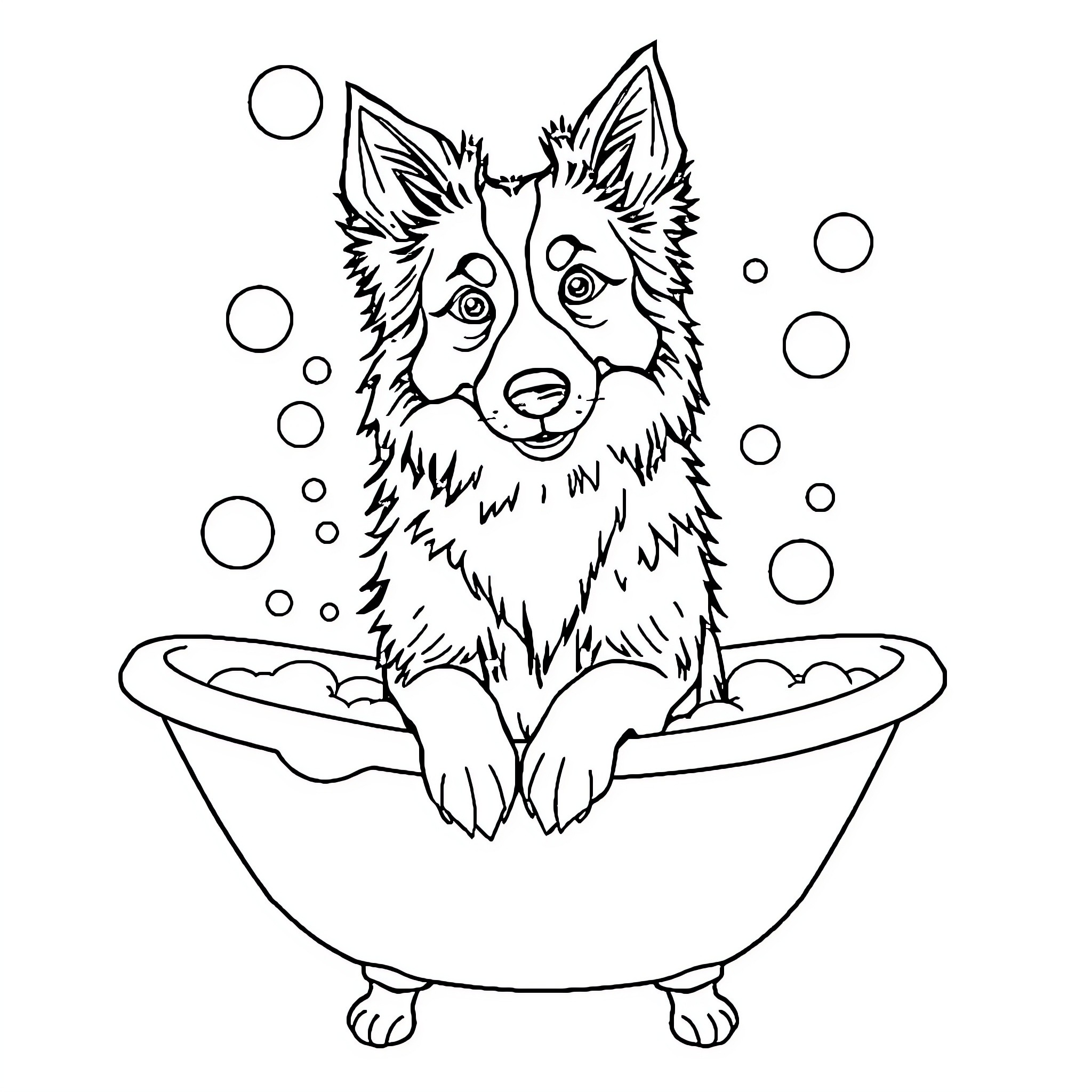 Border Collie enjoying a relaxing bath Coloring Page (free black-and-white line drawing printable PDF for all, from beginners to advanced learners, including children, teens, adults, and seniors)