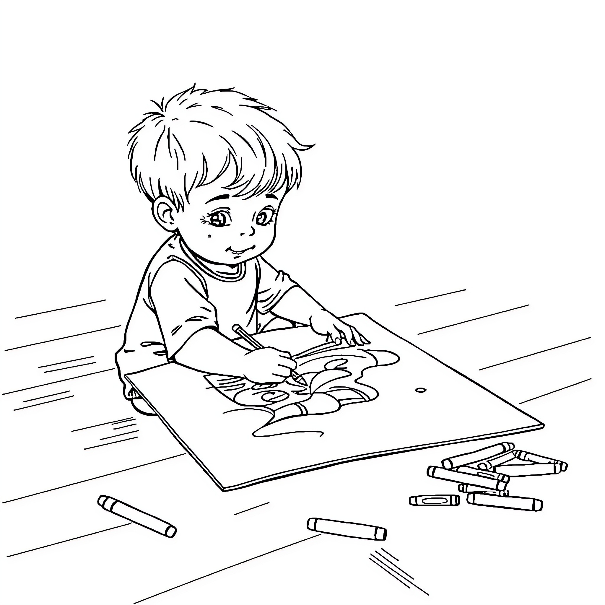 Boy engrossed in coloring on the floor Coloring Page (free black-and-white line drawing printable PDF for all, from beginners to advanced learners, including children, teens, adults, and seniors)