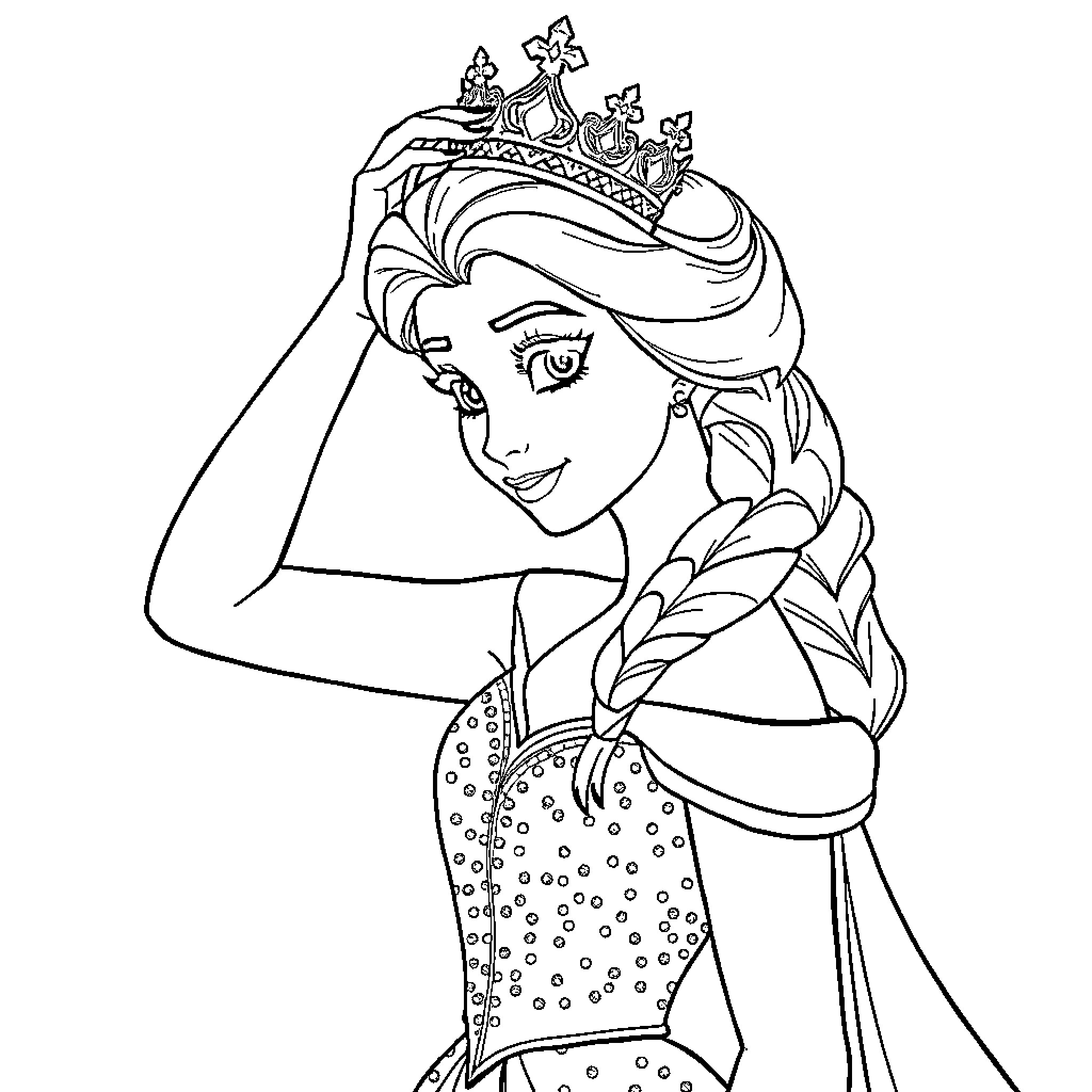 Princess with Tiara and Braided Hair Coloring Page (free black-and-white line drawing printable PDF for all, from beginners to advanced learners, including children, teens, adults, and seniors)